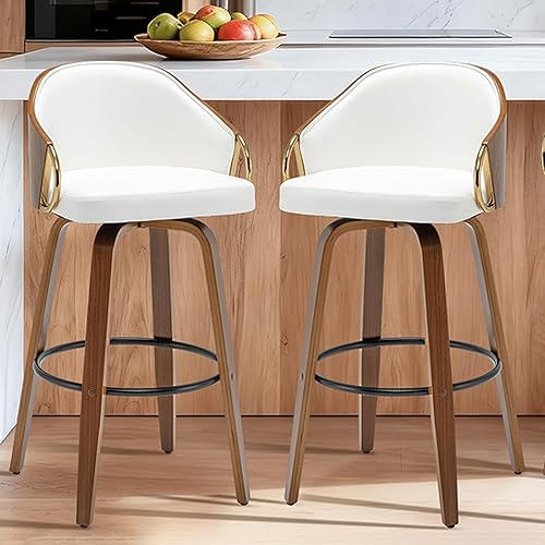 Juego de 2 taburetes de bar giratorios de 30 pulgadas de altura, taburetes de bar altos de cuero blanco, sillas de bar modernas de mediados de siglo