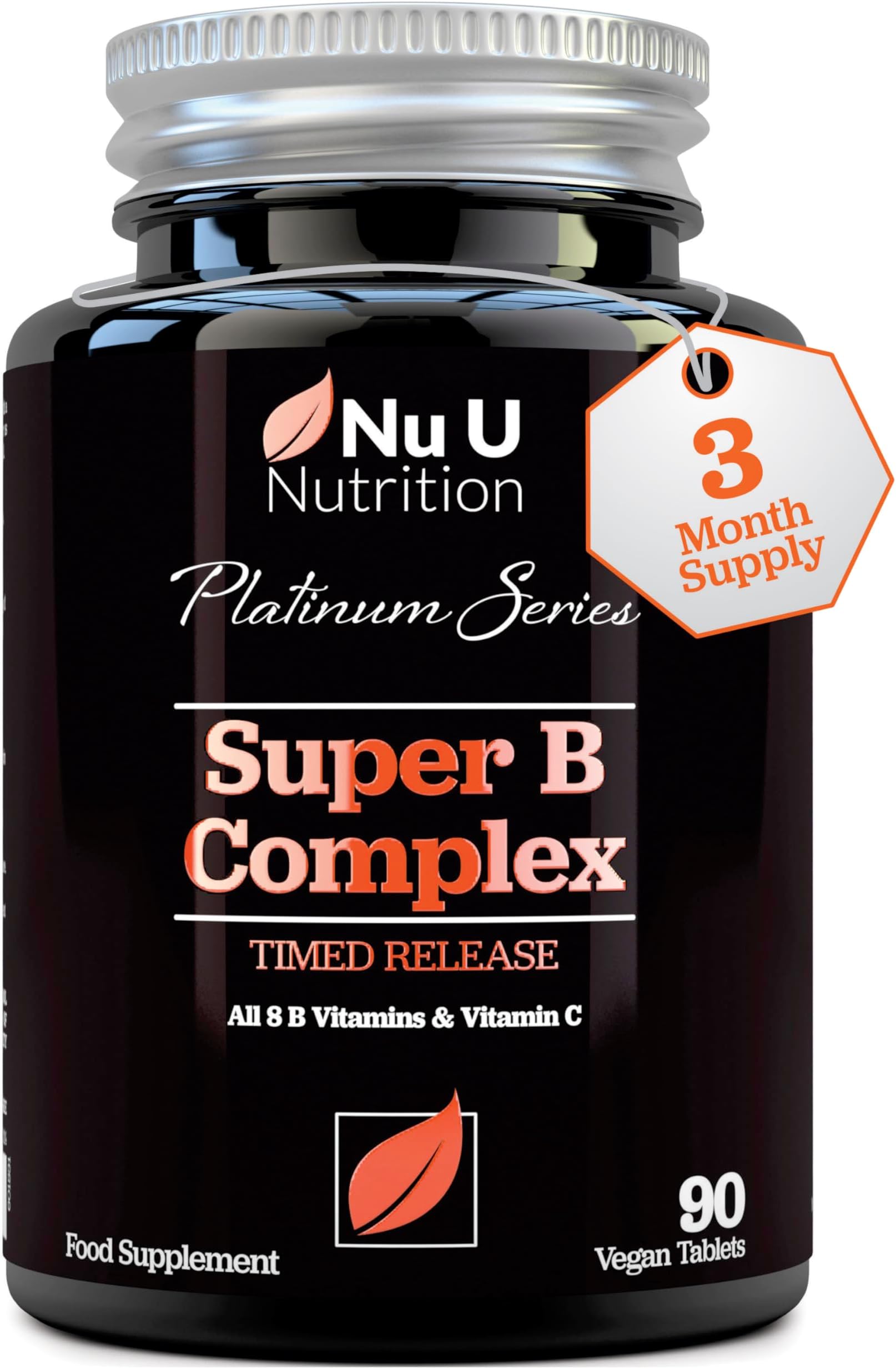 Super Vitamin B Complex - High Absorption Methylated B Vitamins with VIT C - 90 Timed Release Vegan Tablets - 3 Month Supply - B1, B2, B3, B5, B6, B8, B9 & B12 - Made in the UK - Nu U Nutrition