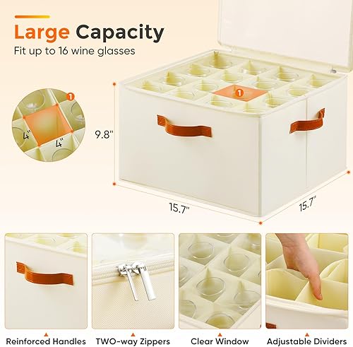 Miniatura 3 de Caja de almacenamiento para copas de vino con divisores, paquete de 2 recipientes de almacenamiento de cristalería, estuches de almacenamiento con