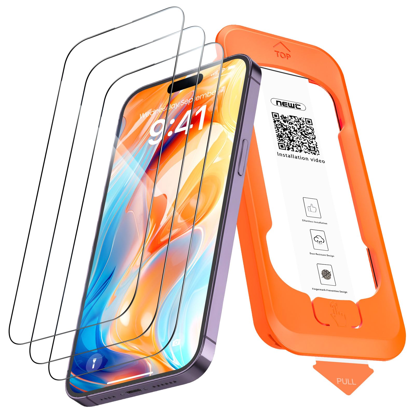 NEW'C 3 Piezas, Protector de pantalla Cobertura total para iPhone 14 Pro Max/14 Plus,iPhone 13 Pro Max (6,7")[Instalación Automática], Cristal Vidrio Templado-Ultra Resistente-Efectivo contra Rayones Global Recycled Standard Global Recycled Standard Global Recycled Standard