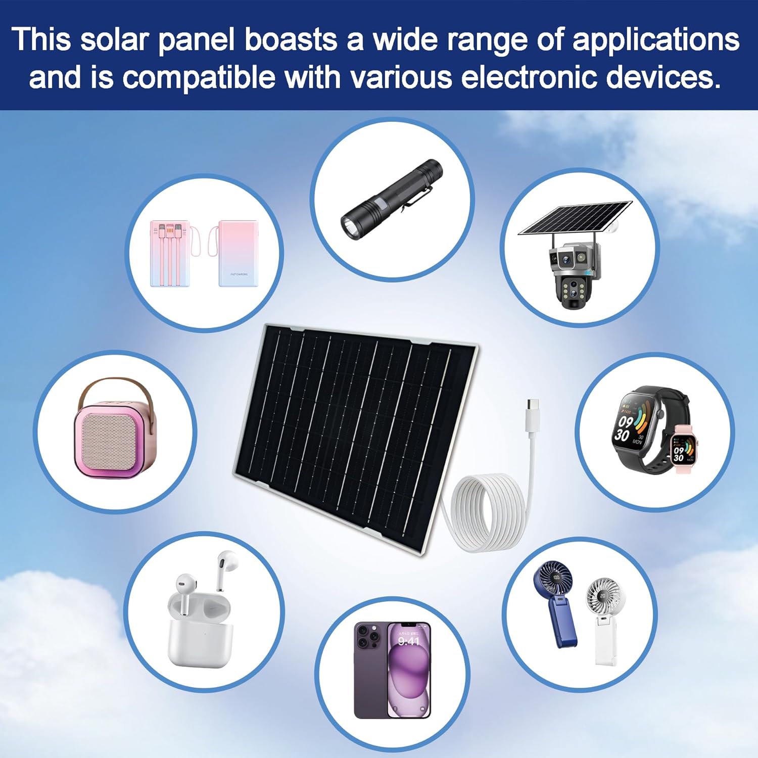 Eco-friendly 8W 5V Monocrystalline Solar Panel, Type-C Interface, IP66 Waterproof, 6.5-foot Cable, High Conversion Rate, Compatible with Various Electronic Devices