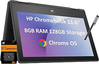 HP Chromebook 11 X360 G3 11.6'' HD 2-in-1 Touchscreen (8-Core MediaTek MT8183, 8GB RAM, 128GB Storage (64GB eMMC + 64GB SD Card), Stylus, Webcam, Wi-Fi) Flip, IST Pen, Chrome OS, Black (HP 11MK G3)