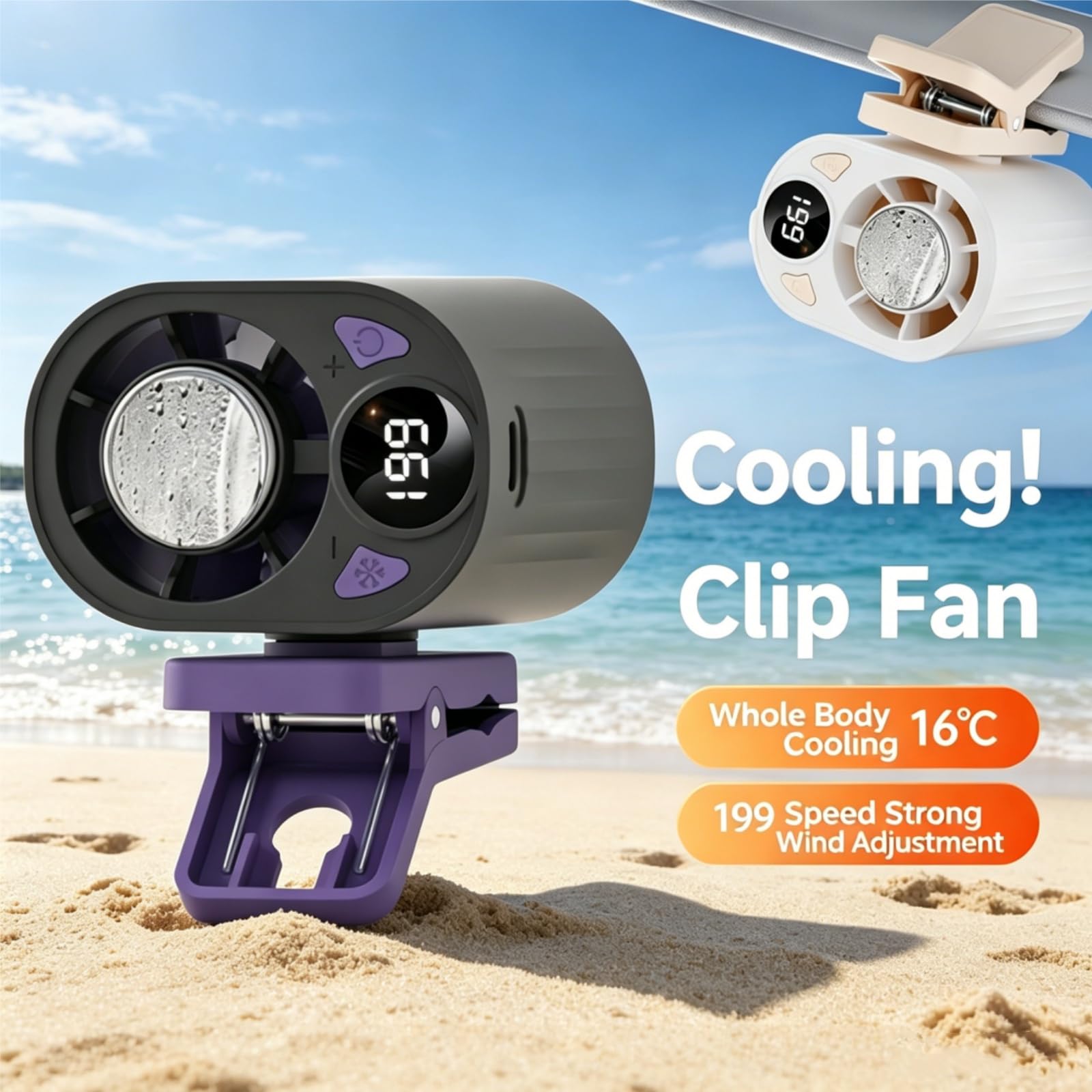 Ventilatore per aria condizionata con clip per auto, con display a LED, rotazione a 360°, velocità 199 e tecnologia semi raffreddamento, ricaricabile tramite USB, adatto per auto, lavoro, campeggio