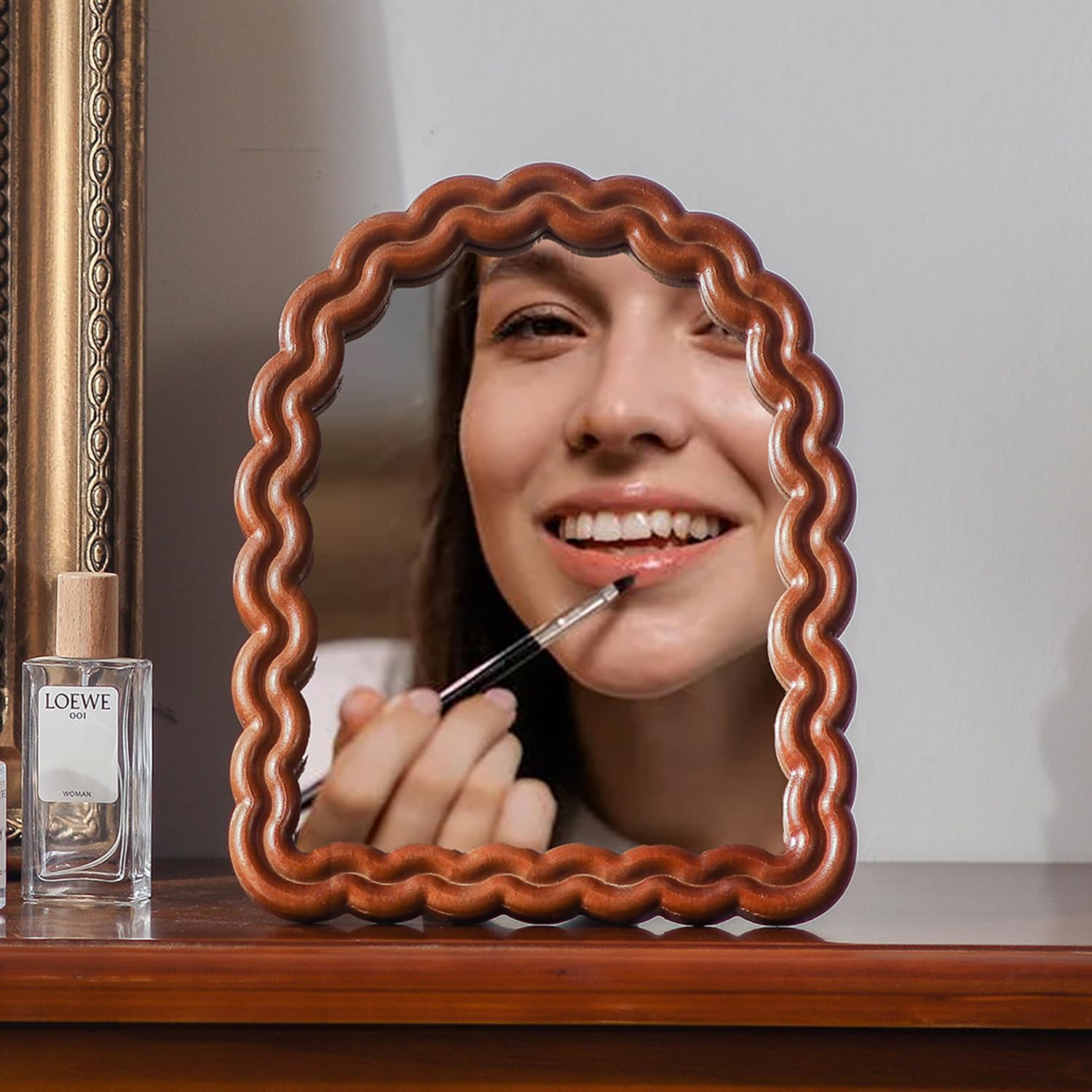 HuiDaoTable Mirror, Vanity Mirror with Stand Decorative, Wood Desk Dressing Makeup Mirror, Mirror for Desk, Countertop, Bedroom, Bathroom, Living Room