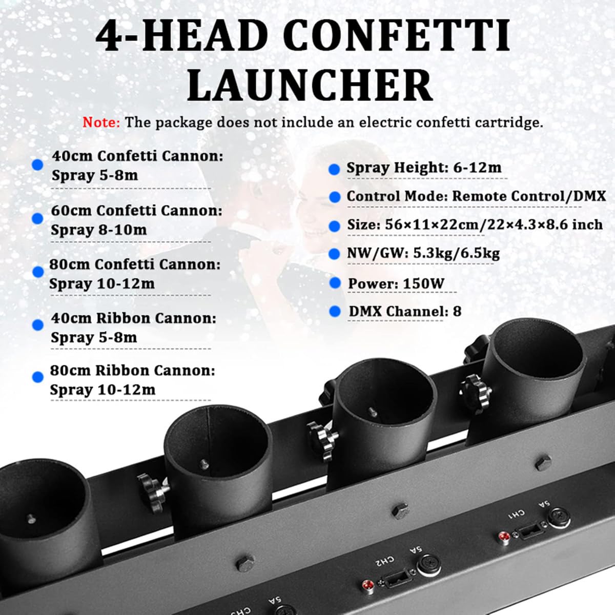 4 Schuss Konfettiwerfer Kanone Konfettimaschine DMX512 & Fernbedienung Elektrische Papier Konfettikanone Maschine für Partylichteffekt Club Bar Hochzeit Weihnachten Halloween Karneval Ostern