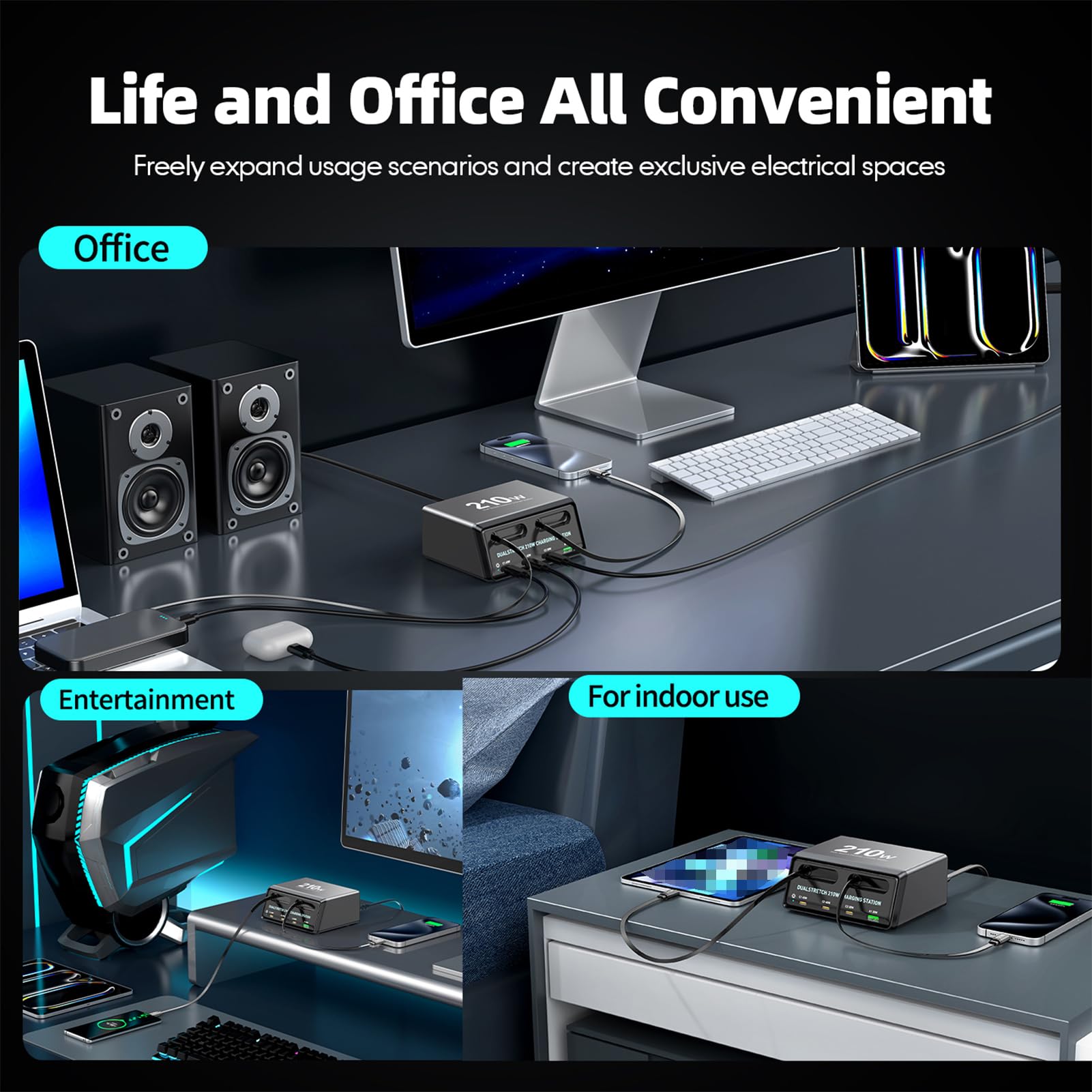 Fockety Tisch-Ladestation, 210W-Ladegerät mit 6 USB C-Anschlüssen und Zwei einziehbaren PD-Kabeln, PD-Ladegerät mit 45W und 30W für das Homeoffice, Gaming-Schreibtischzubehör (EU-Stecker)