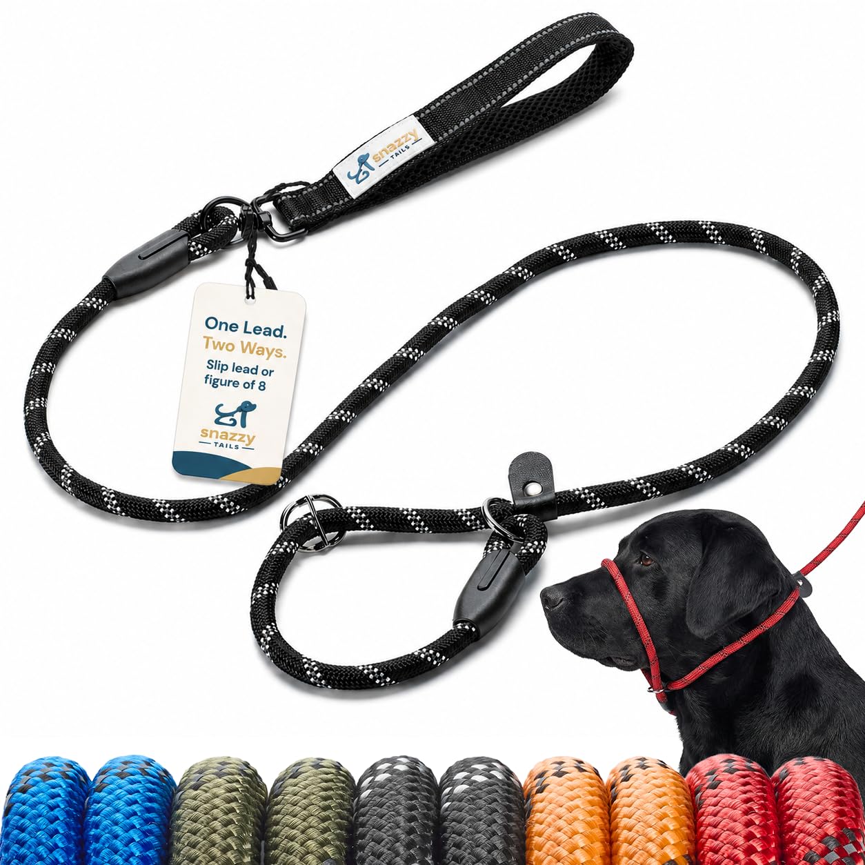 Freedom Pro Rope Slip Lead – No-Kink Swivel Handle, Figure-8 Halter for No-Pull Training, Metal Safety Stopper, Reflective, Premium Durable Rope Lead - Midnight Black 1cm x 1.5m — image 1