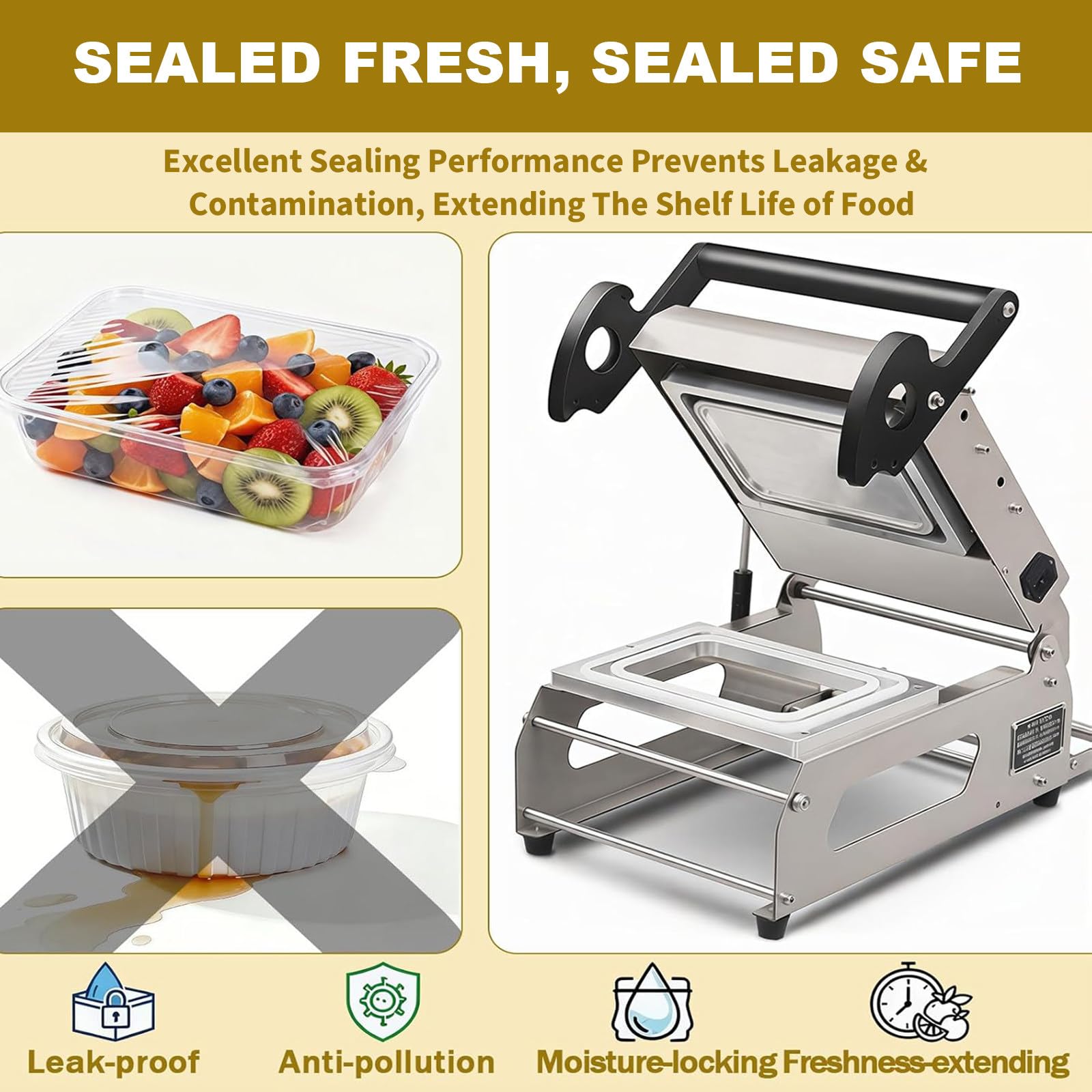 Selladora Multifuncional de Recipientes Alimentarios, Máquina Embaladora a Presión Manual con Sellado Rápido en 7-8 Segundos para el Embalaje de Filete y Comida Preparada Traysize14x14cm