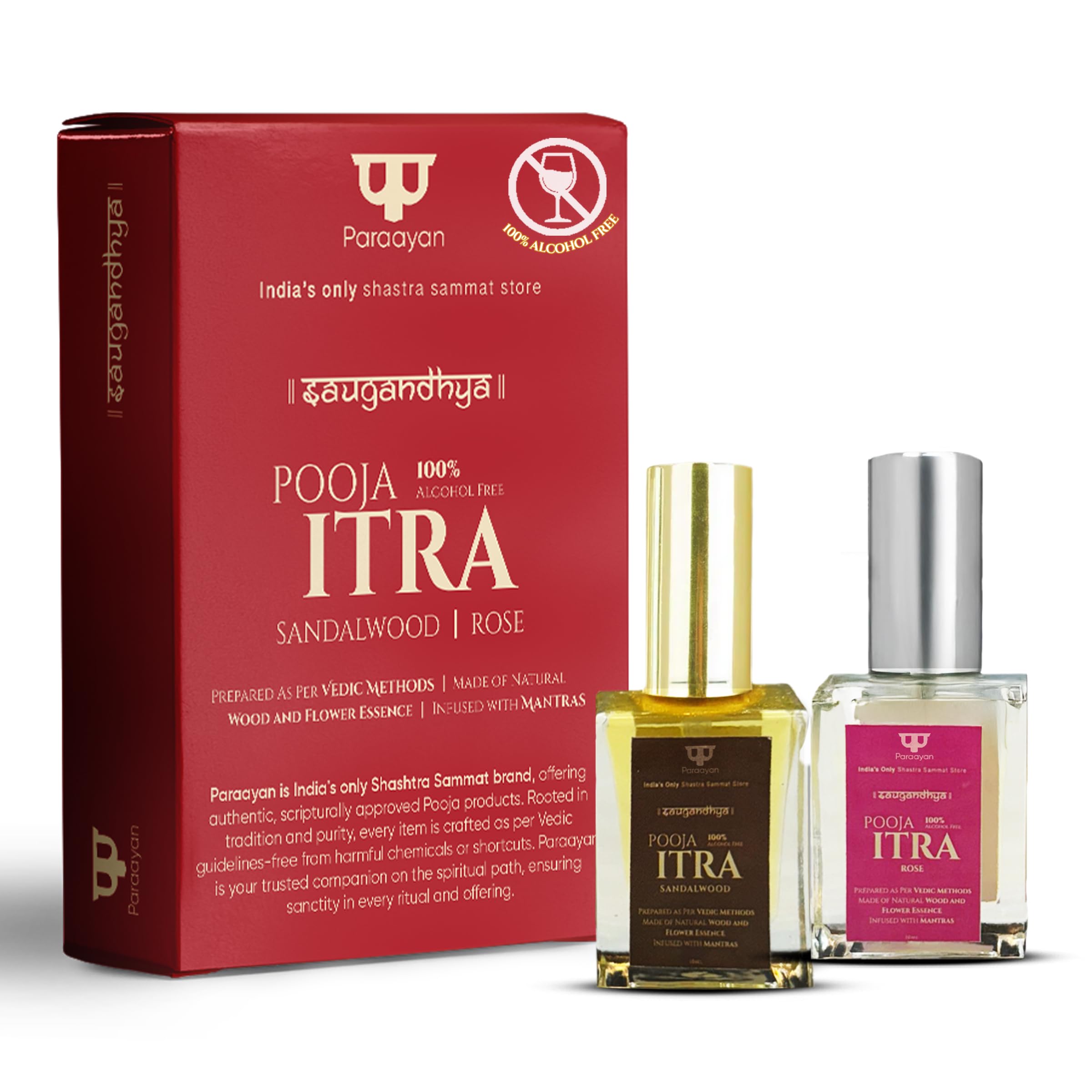 Paraayan Itra for Pooja Chandan & Gulab | Set of 2 | 20 ML | No Alcohol | Spray Bottles | Fragrance for Worship & Daily Use