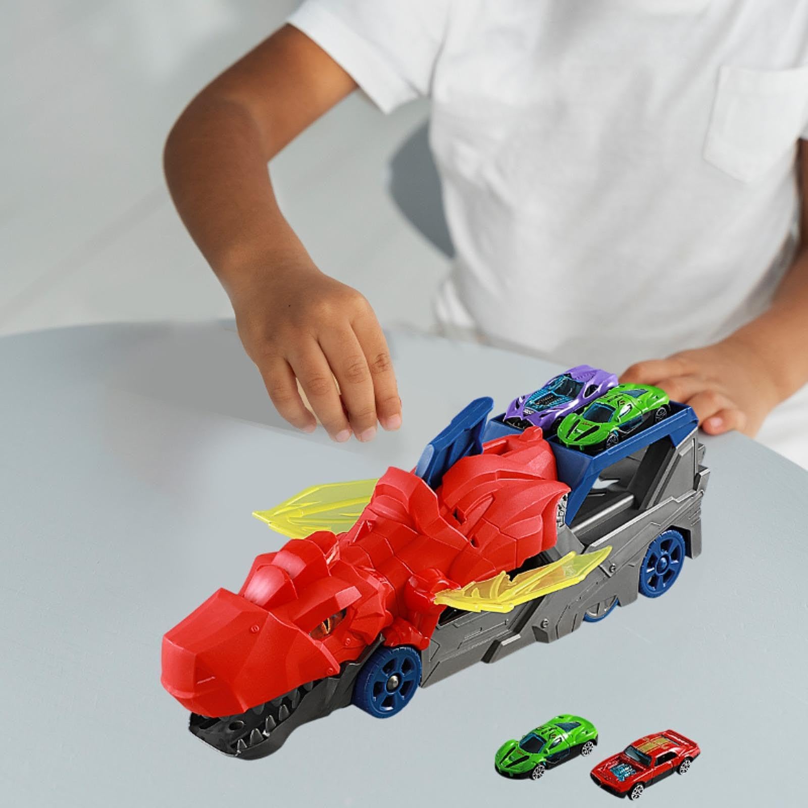 2 Pezzi Dinosaur Transport Truck Pista Veicolo Lanciatore Trasportatore Die-Cast E Camion Carrier Funzione Bocca Apribile Mobili, Rosso con 2 Auto