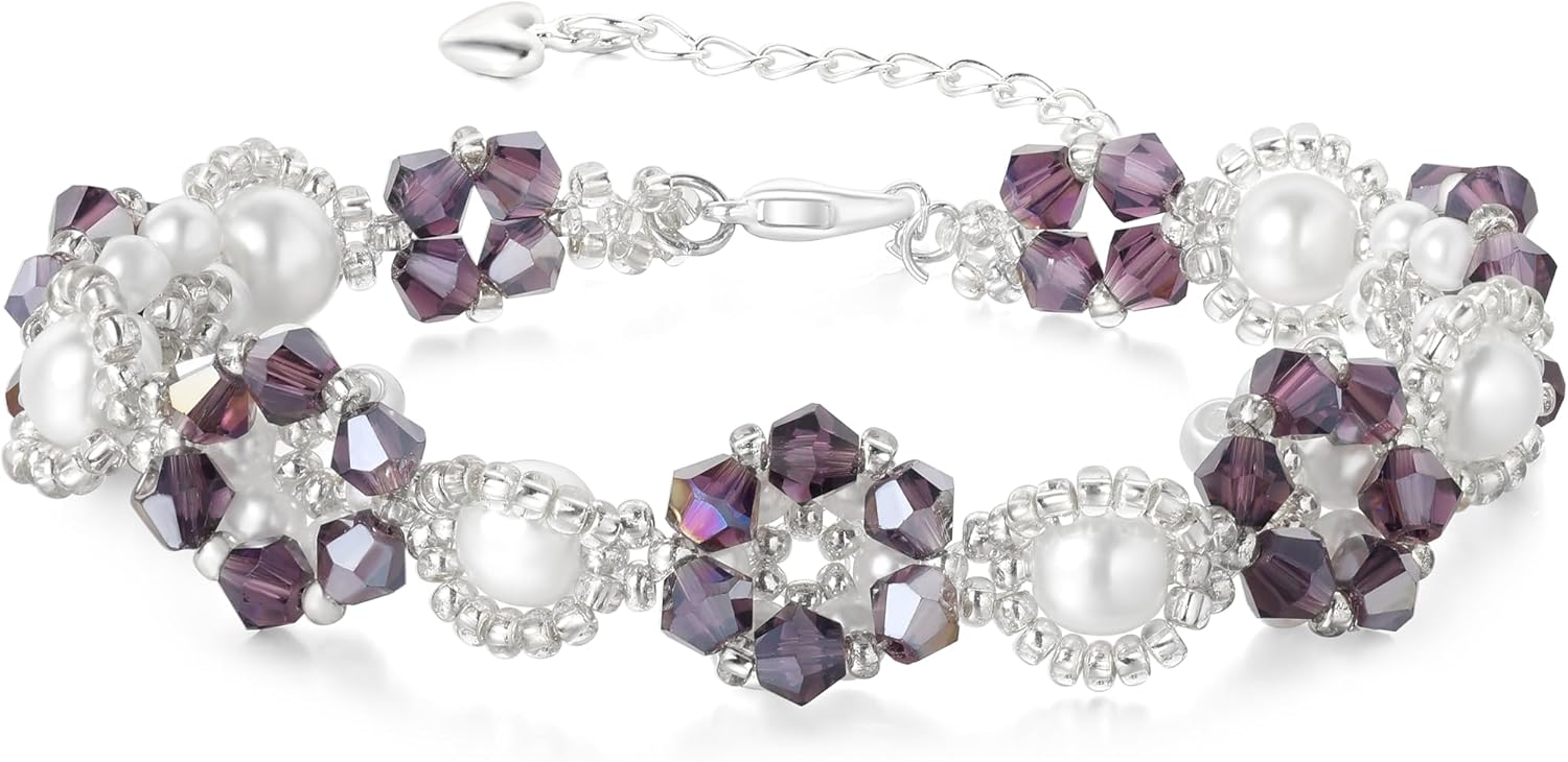 Bohemian Bracelet, Freshwater Pearl Flower Handmade Unique Jewelry, Adjustable Amethyst Floral Bracelet, Beach Jewelry, Elegant Women's Fashion Accessories