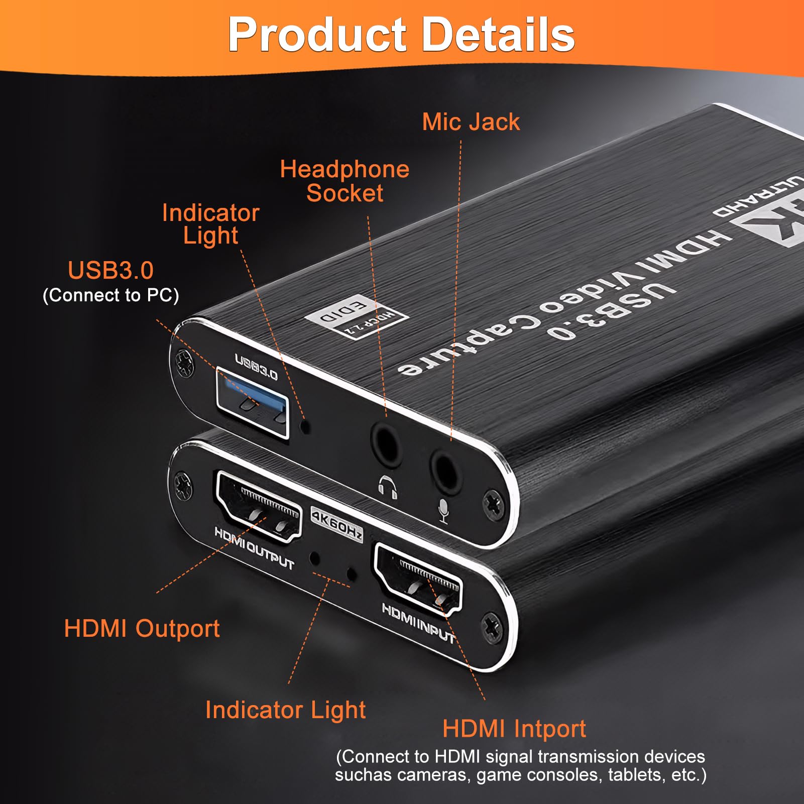 Catturatore Video Acquisizione Audio e Video USB 3.0 Scheda di Cattura 4K HDMI Loop-out 1080P 60FPS/2K 30FPS Cattura di Videogiochi per PS5/Switch/Fotocamera/PC/OBS/Xbox