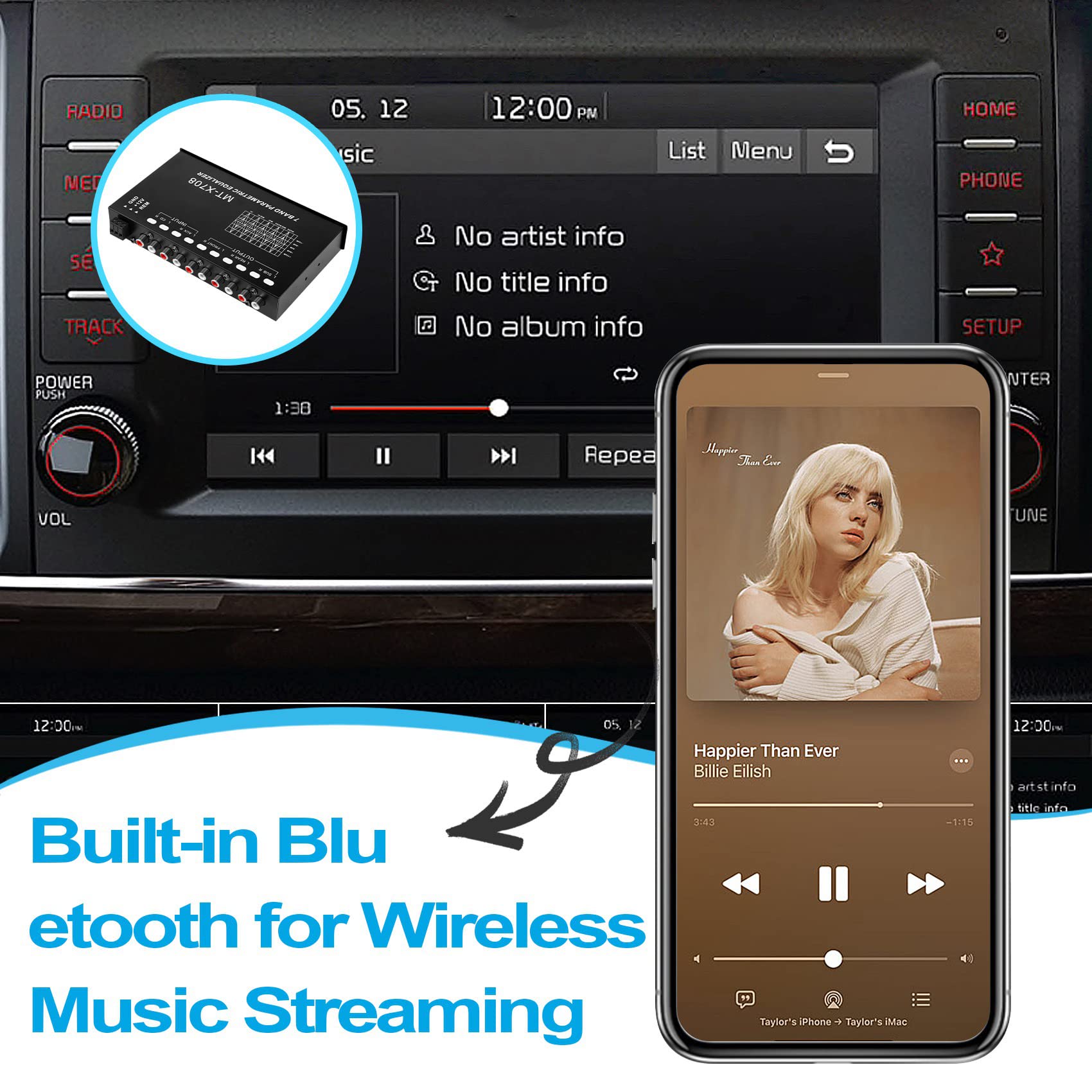 Ecualizador de Audio para AutomóVil de 7 Bandas, Ecualizador GráFico Ajustable para Amplificador de AutomóVil EQ de 7 Bandas con Interruptor de SeleccióN de Entrada CD/AUX, Negro