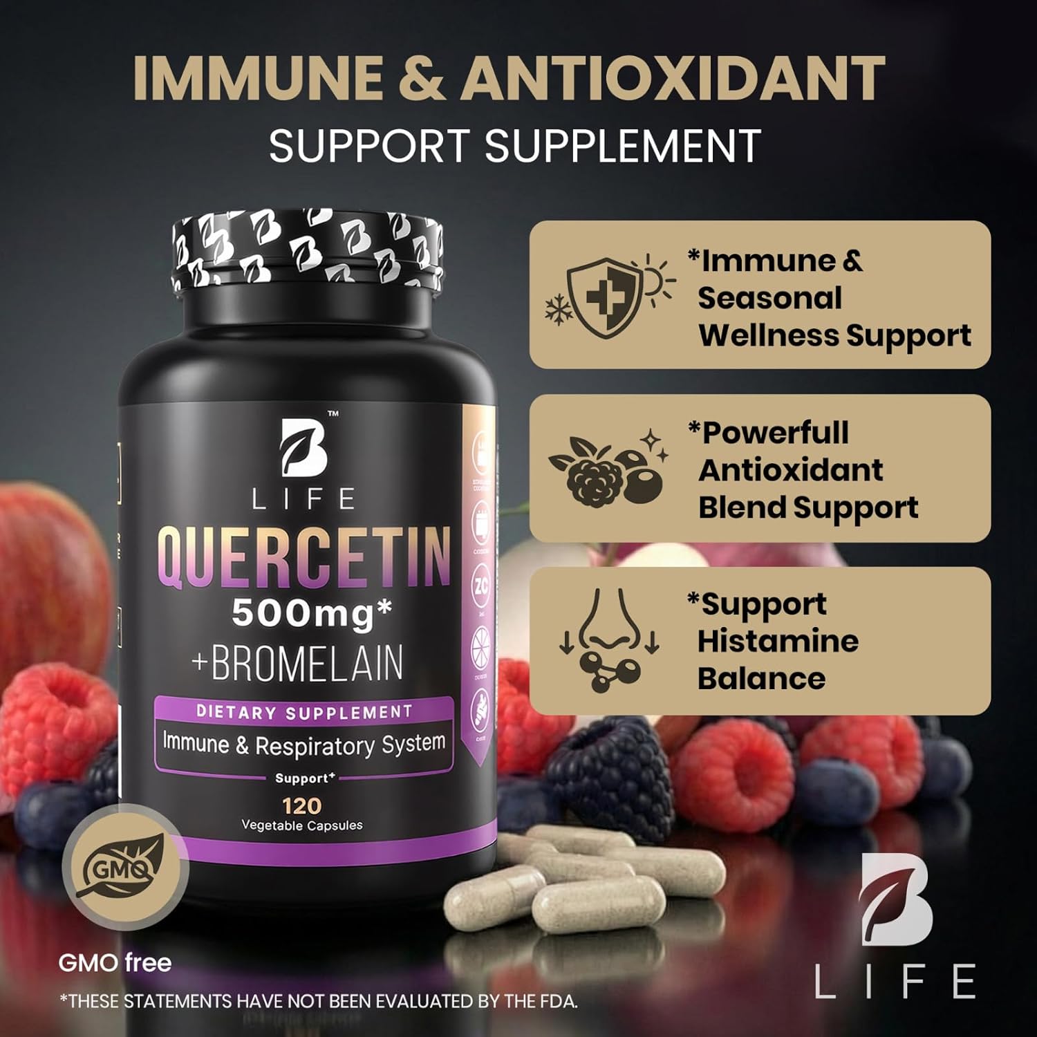 B Life Company BLife Quercetin 500mg Capsules with Vitamin C, Zinc & Ginger – Immune & Antioxidant Support Supplement – Quercetin with Bromelain Supplement – 120 Capsules (60 Servings)