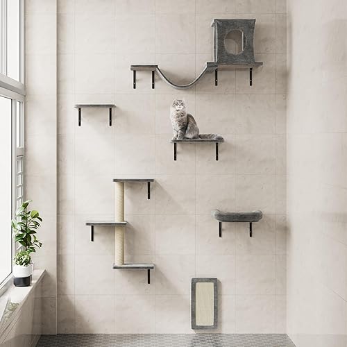 Miniatura 5 de NUNU LAB Estantes de pared para gatos, juego de 6 piezas de lujo para escalar gatos, muebles de interior para gatos con 1 casa de condominios, 2