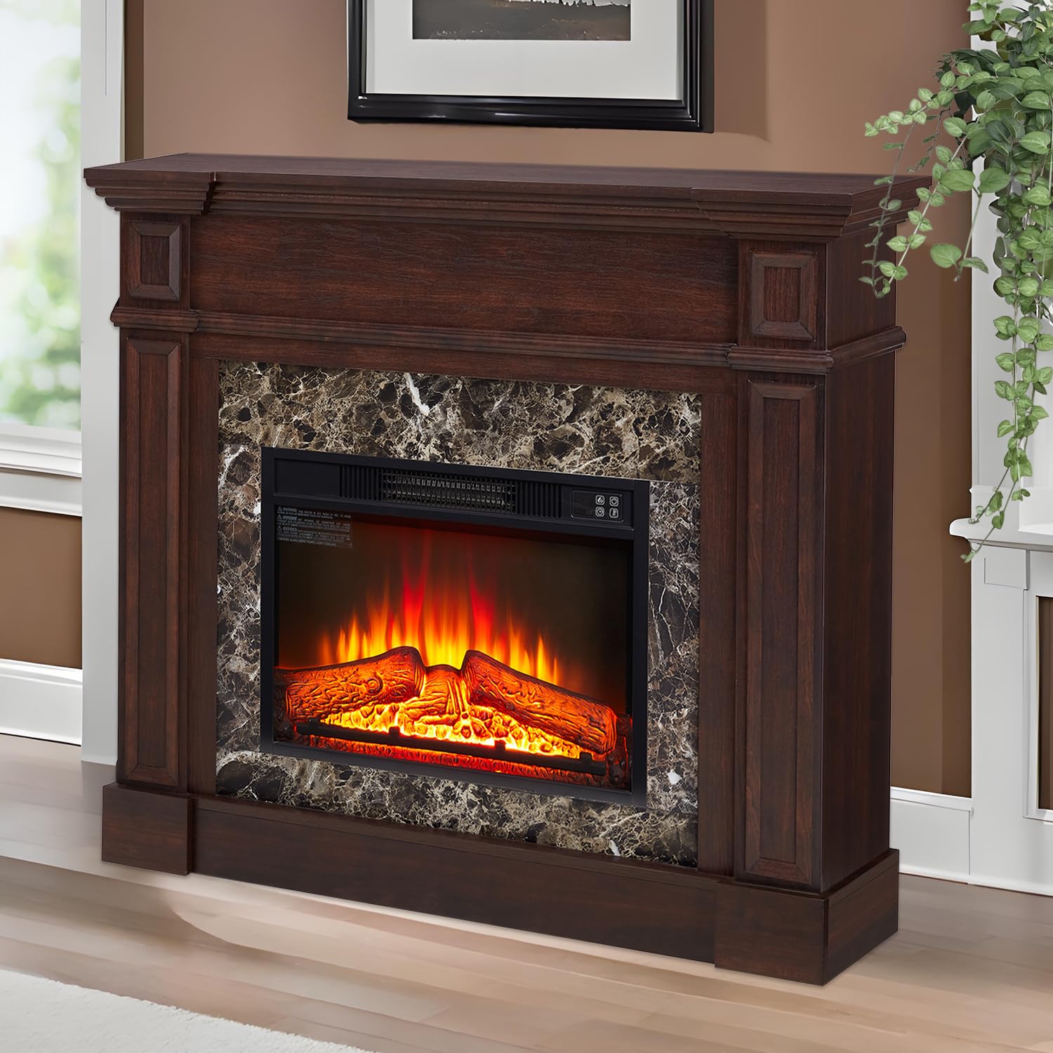 46" W Large Electric Fireplace with Mantel, 40" H Tall Fireplace TV Stand, Freestanding Electric Fireplaces Cabinets Adjustable 3D Flame, Farmhouse