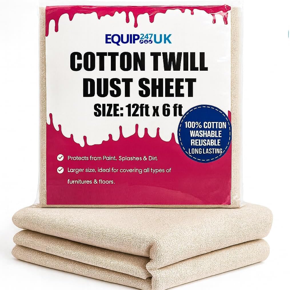 Equip247uk Cream /Off White Cotton Dust Sheets For Painting & Decorating | Paint Sheets | Drop Cloth | Painting & Paint Cover Sheets | Dust Sheets For Furniture | Washable And Reusable | (Cotton Twill 12Ft X 6Ft / 3.66M X 1.83M)