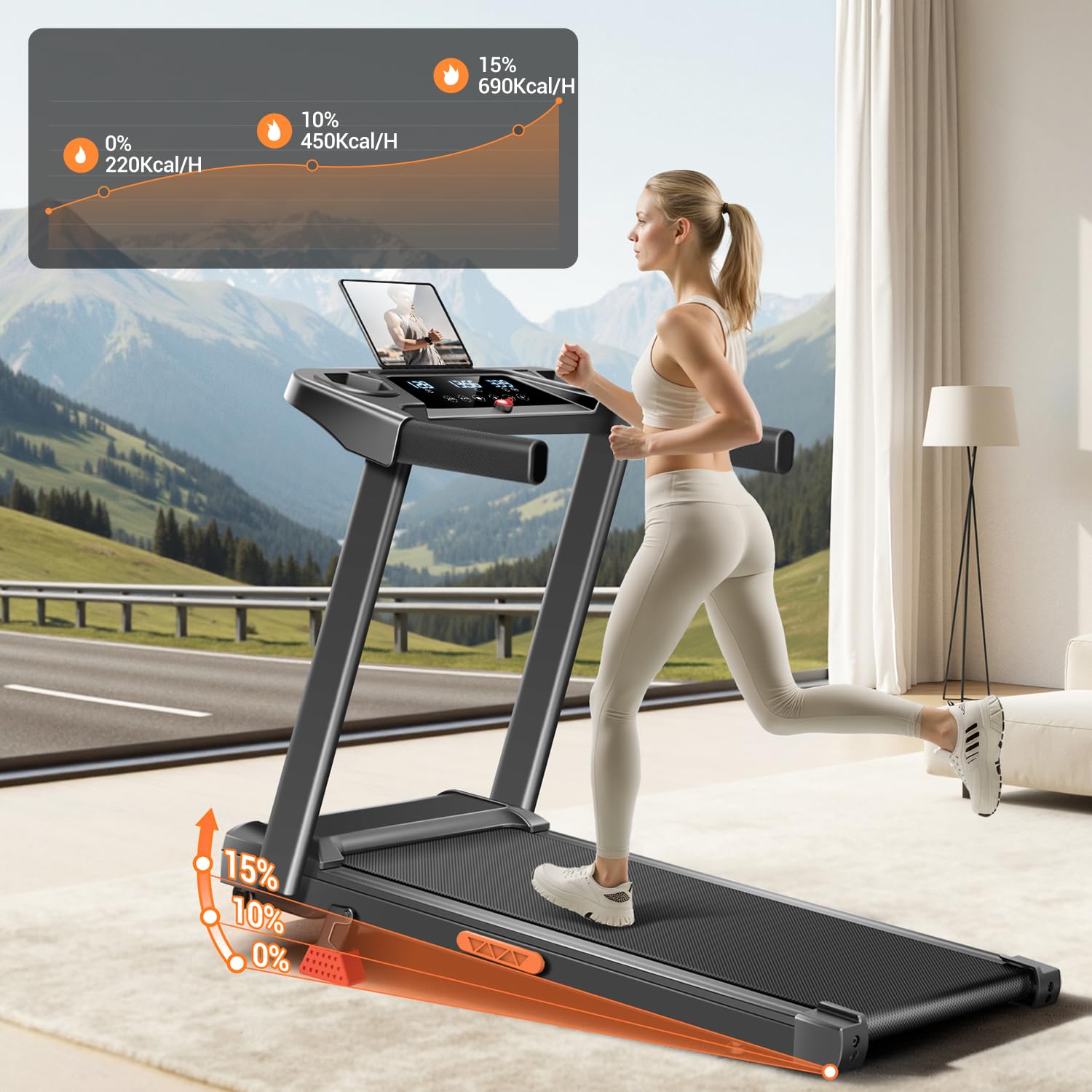 CURSOR Tapis Roulant Salvaspazio con Inclinazione 15%, Tapis Roulant Elettrico 12KM/H, Tapirulan Pieghevole da Casa con Motore da 3.0 HP e Display LED, Carico Massimo 136KG