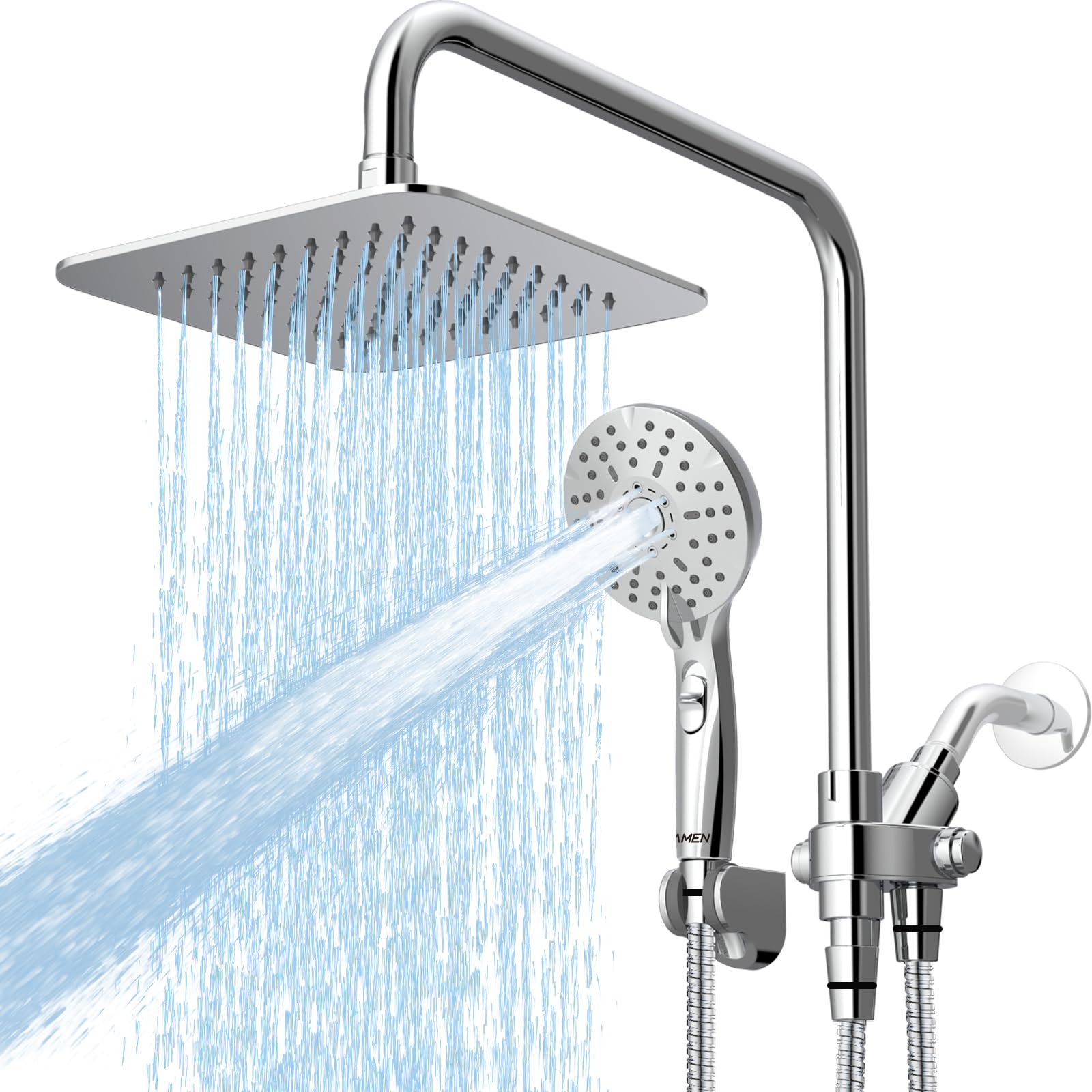 Combinación de cabezal de ducha Ryamen de 8" y 1.8 GPM, color plata.