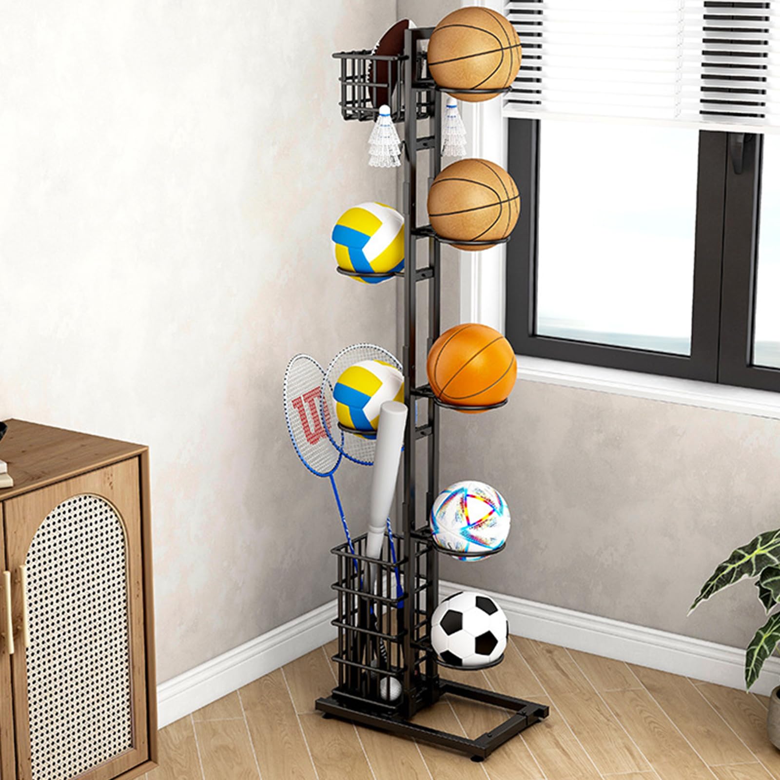 Soporte de bolas para rodamientos verticales rack baloncesto almacenamiento multicapa con cesta y ganchos
