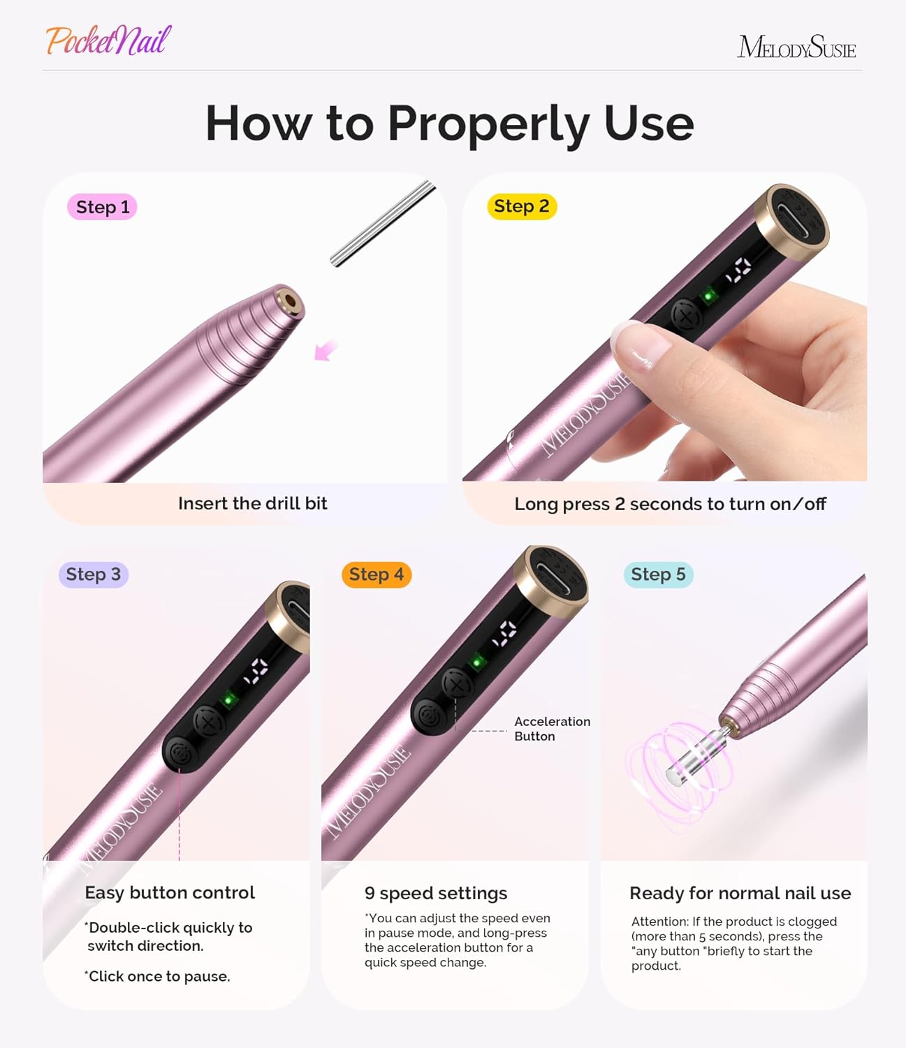MelodySusie PocketNail Pen-Shaped Cordless Modular Nail Drill, PC100GR 20000RPM Slim Portable Rechargeable Electric File for Manicure Pedicure Nail Care, Shaping & Gel Removal at Home for Beginners