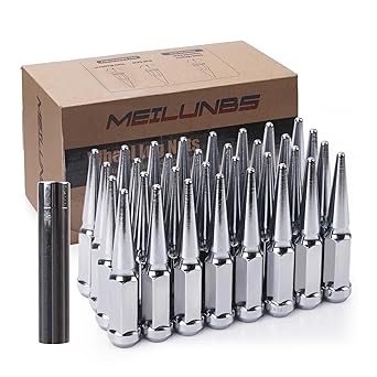 MEILUNBS 32PCS Chrome 9/16 inchx18 Lug Nut with 1 Socket Key,4.4'' Tall Closed End Lug Nuts for 1994-2011 Dodge Ram 1500 2500 3500/1988-1998 F250 F350(HEX:3/4'')