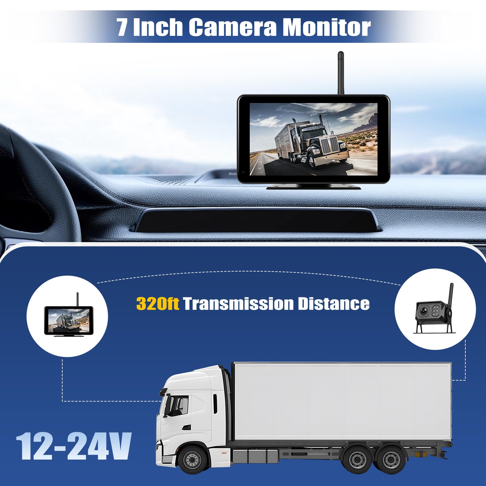 Cámara Trasera Inalámbrica con Pantalla Táctil IPS de 7 Pulgadas, BSD + Asistencia al Aparcamiento + Visión Nocturna + Resistente al Agua IP68 + Grabación en Bucle, 12-24 V