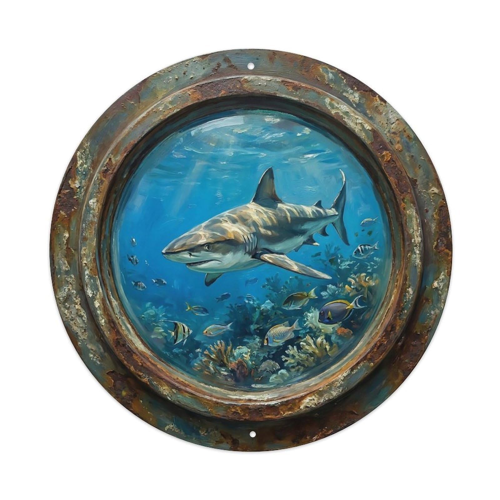 Vintage Porthole Reef Shark Ship Window Undersea Deep Sea Metal Tin Sign