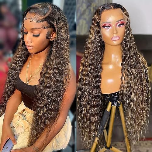 Yuzhou Grace 13x4 Highlight Ombre Lace Front Wig Human Hair Colored 4/27 Honey Blonde Lace Frontal Wigs for Black Women Human Hair Glueless Deep Wave Brown Wig with Baby Hair 150 Density(24inch, Highlight)