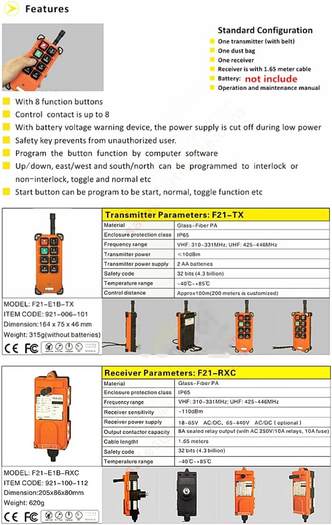 6 Button Hoist Crane Wireless Remote Control F21-E1B for Industrial Overhead Crane Chain Hoist AC/DC 65V-440V (2 Transmitter + 1 Receiver)