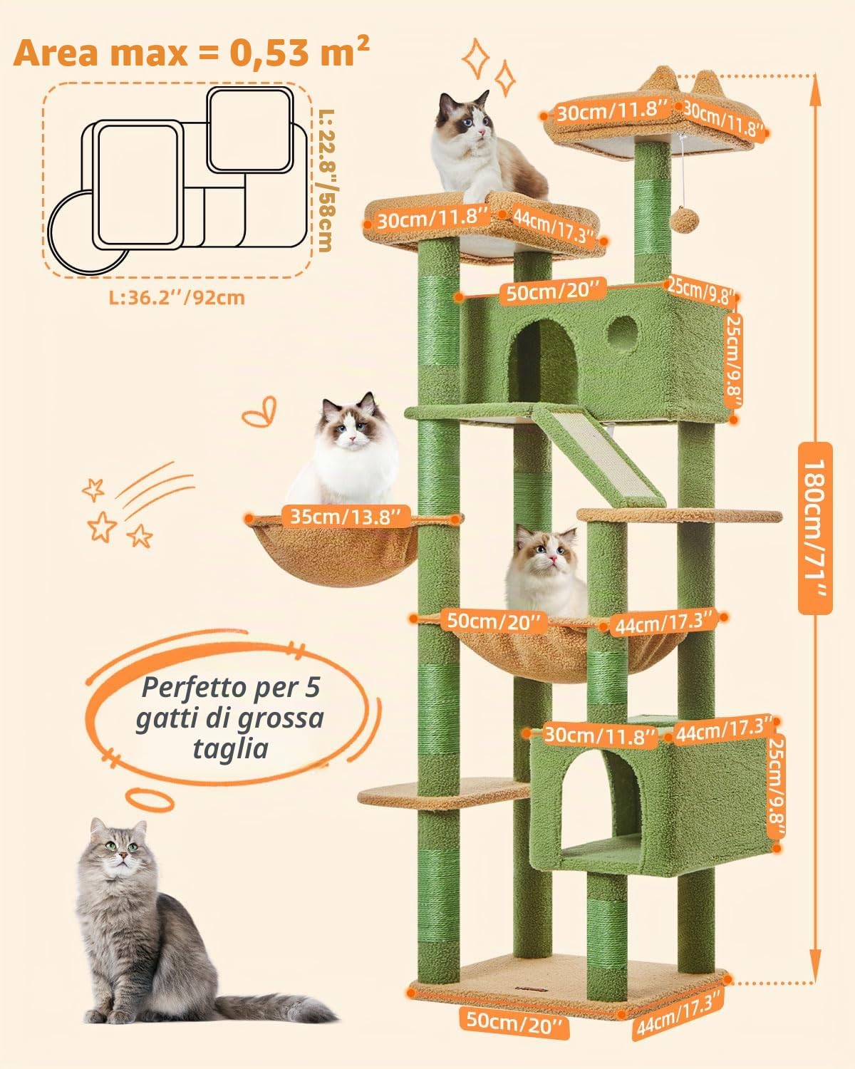 Taoqimiao Tiragraffi per Gatti, 180cm Stabile Tiragraffi per Gatti Adulti xxl con 2 Grotte,1 Amaca, 1 Cestini, 8 Pali Graffiatoi, 2 piattaforme, Materiale di Flanella Morbida, Verde MSC026L