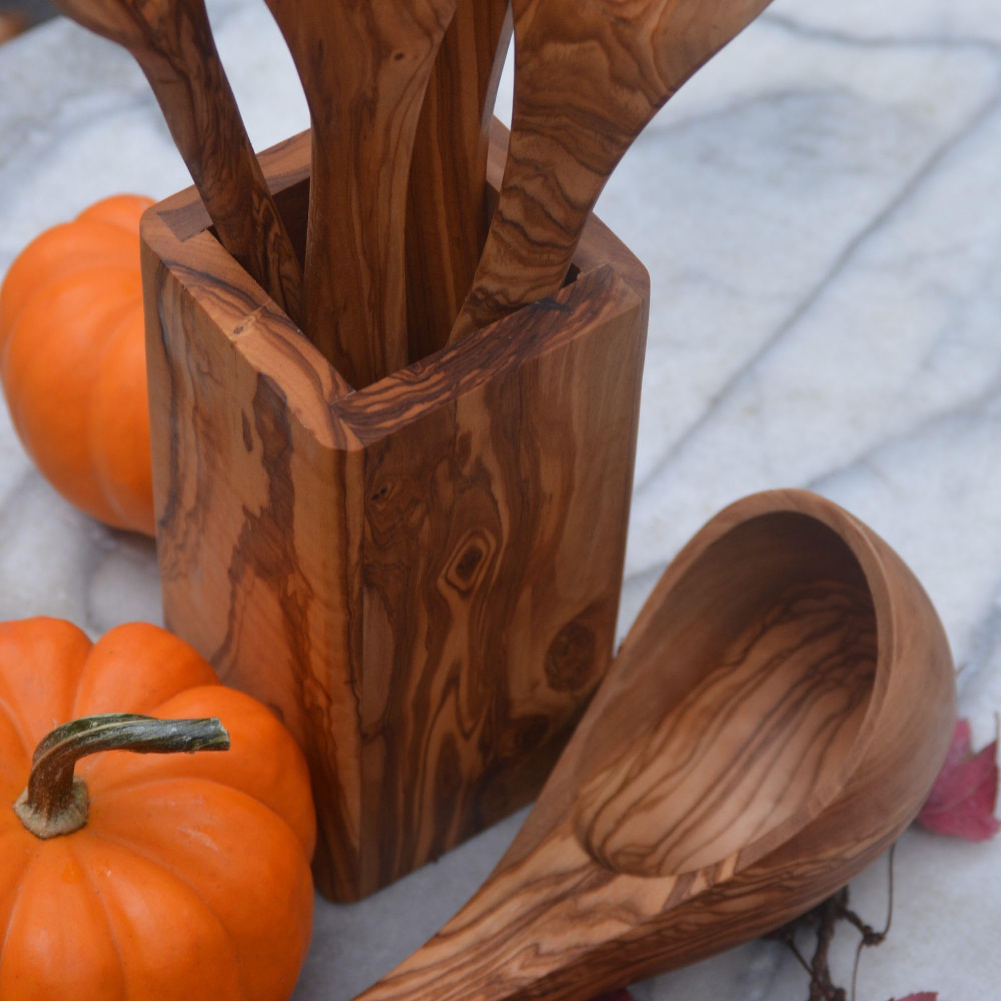 Soporte para utensilios de cocina de madera de olivo para encimera | Soporte grande de madera para utensilios de cocina | Organizador de cucharas de madera rústica y soporte para