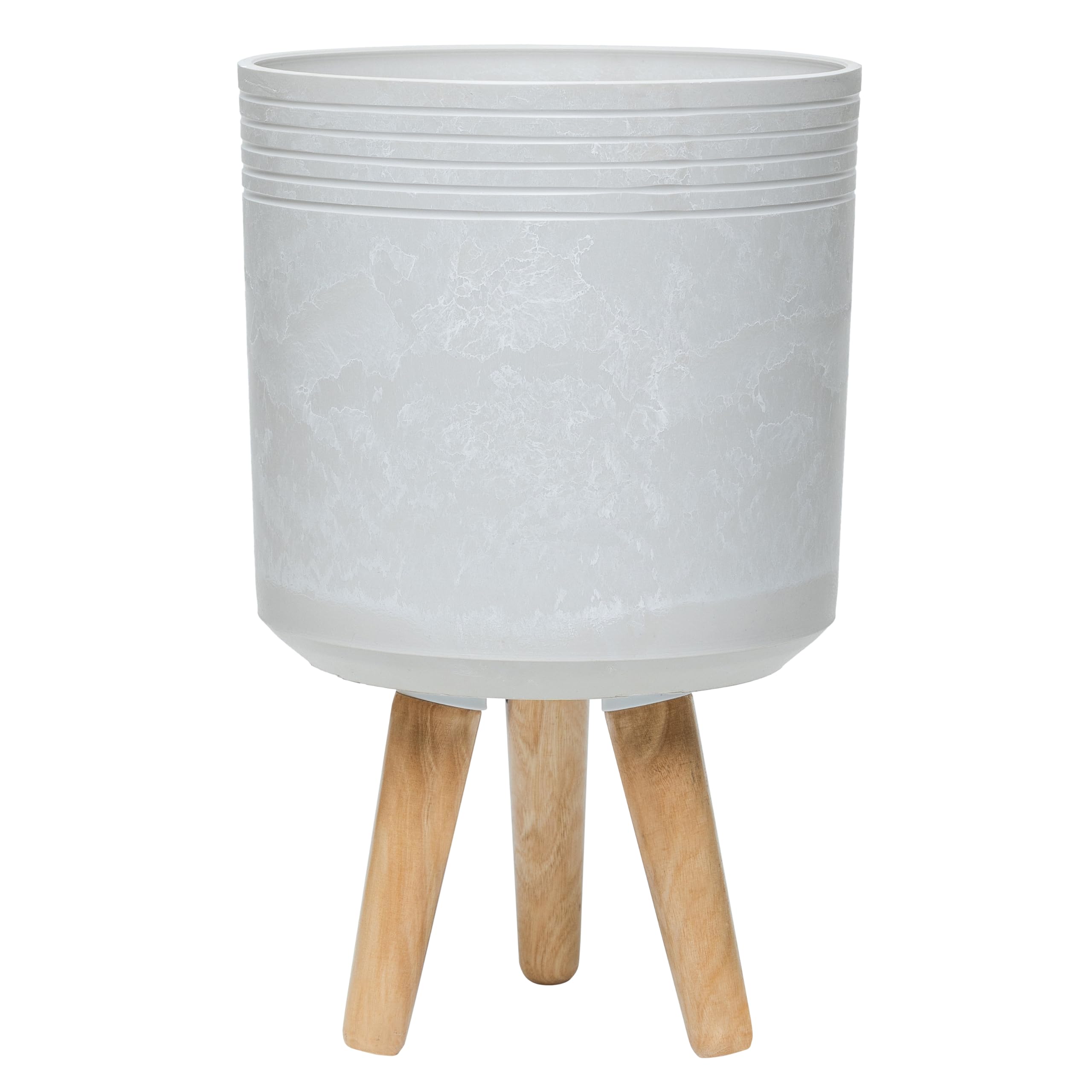 simpa Urban 12L Contemporary Cream Round Plastic Planter with Wooden Legs 40cm (H) x 25cm (Dia)