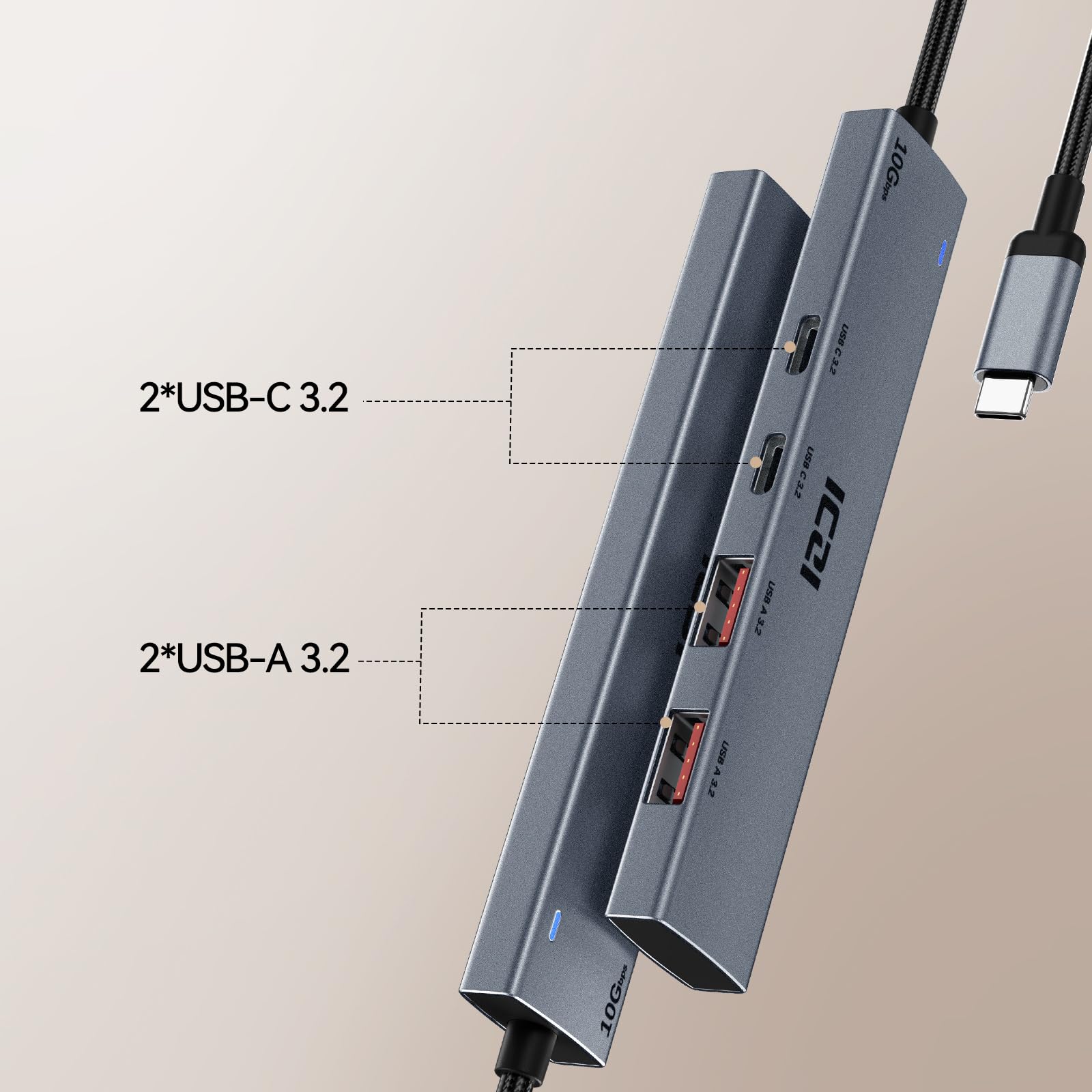 ICZI Hub USB C 3.2 10Gbps 4 Porte Sdoppiatore Adattatore 120cm con 2*USB-A e 2*USB-C Compatibile con Macbook Air/Pro, Laptop, Surface, Galaxy S25, iPhone 16