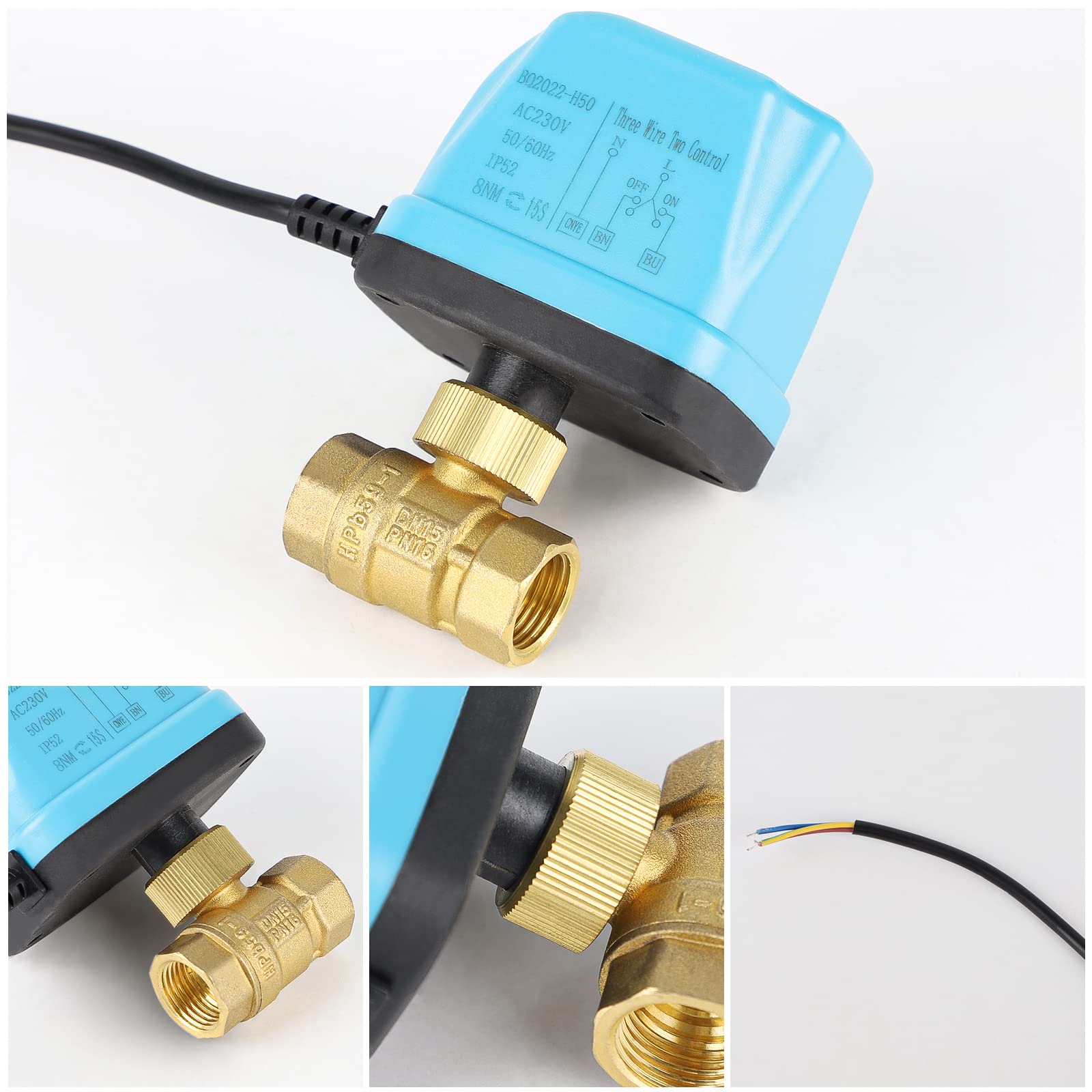 SWAWIS Elettrovalvola Valvola Motorizzata 2 Vie DN15 1/2 Pollici 230V Valvola a Sfera Elettrica Valvola a Sfera Motorizzata Ottone, Blu