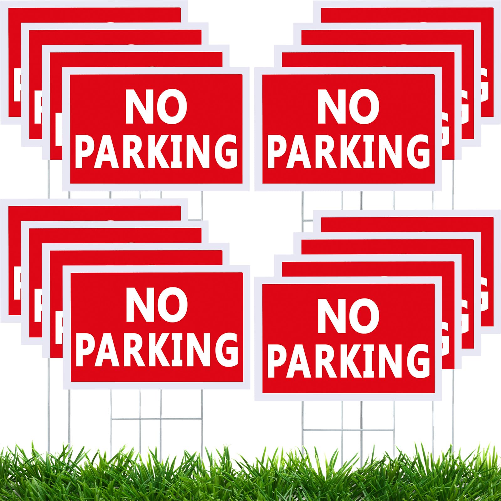 Blulu 16 Pcs No Parking Signs 12 x 8 Inch Plastic Outdoor Signs with Stakes, Double Sided, Waterproof for Grass Driveways Lawn(White Letter, Red