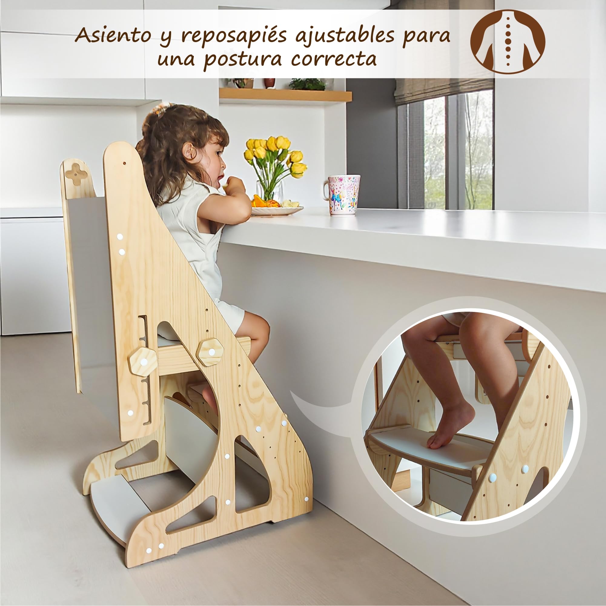 Torre Montessori 4 en 1 para niños – Torre de Aprendizaje, Mesa con Silla, Pizarra Infantil y Silla Evolutiva Ajustable – Madera Segura, 2 a 9 años (Pino)