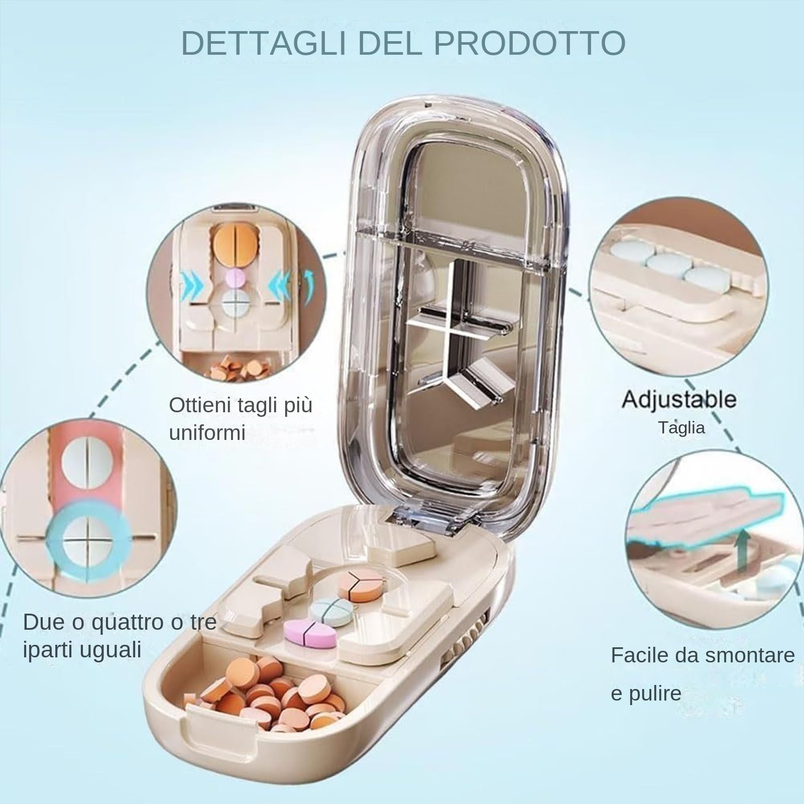 Cutter di pillole, splitter d i pillol-e con lama, taglierina d-i medicina professionale regolabile, taglierina portatile con scompartimento dis stoccaggio, cassa dies pillola per pillo-le 2 in 1
