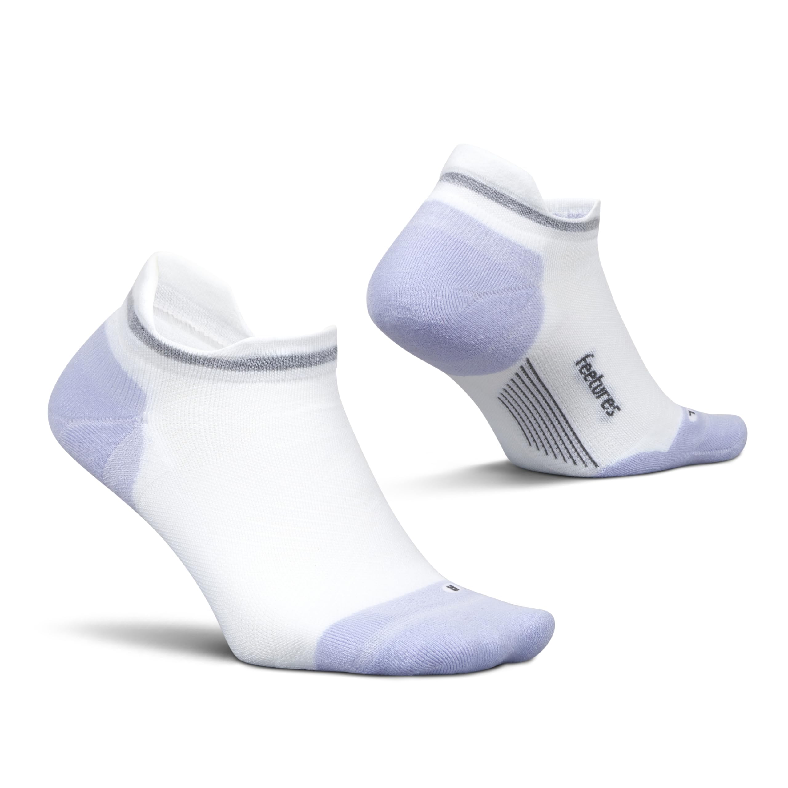 Feetures Elite Max Cushion No Show Tab Ankle Socks - Sport Sock with Targeted Compression - White Lilatech, L (1 Pair)