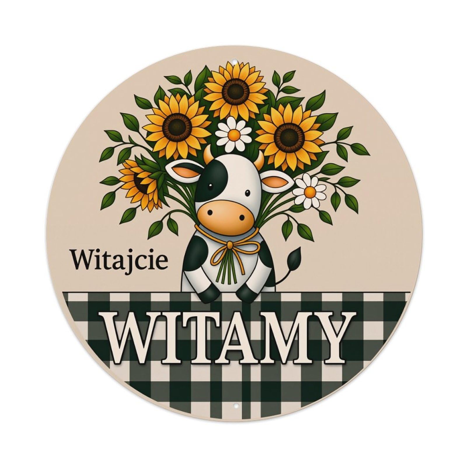 Cow Sunflowers Daisies Checkered Welcome Round Tin Sign Vintage Style Metal Sign Home Bar Garden Wall Plaque Decor Metal Poster 8x8 Inch
