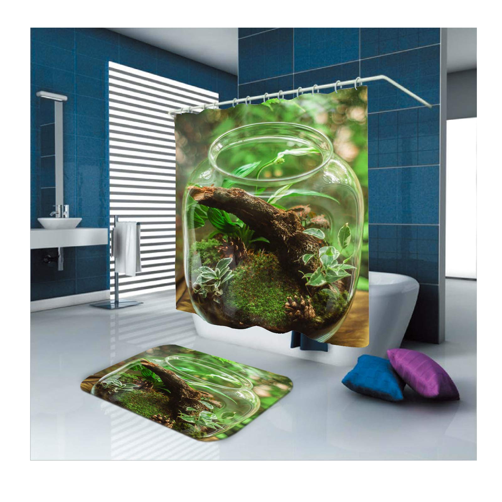 Daesar Dywaniki łazienkowe pod prysznic antypoślizgowe 40 x 60 rośliny w butelce zasłona łazienkowa 165 x 200 cm antypleśniowa, zestaw dywaników łazienkowych 2 sztuki
