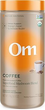 OM MUSHROOM SUPERFOOD Medium Roast Instant Black Coffee USDA Organic with Adaptogenic Mushrooms, USA, Coffee for Energy, Focus Digestion Immunity with Lions Mane & Cordyceps, 30 Servings