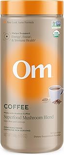 OM MUSHROOM SUPERFOOD Instant Coffee – Organic Arabica with Lion’s Mane, Cordyceps, Reishi, Turkey Tail & Ginkgo for Energy, Focus & Clarity – 6.24 oz Canister, 30 Servings