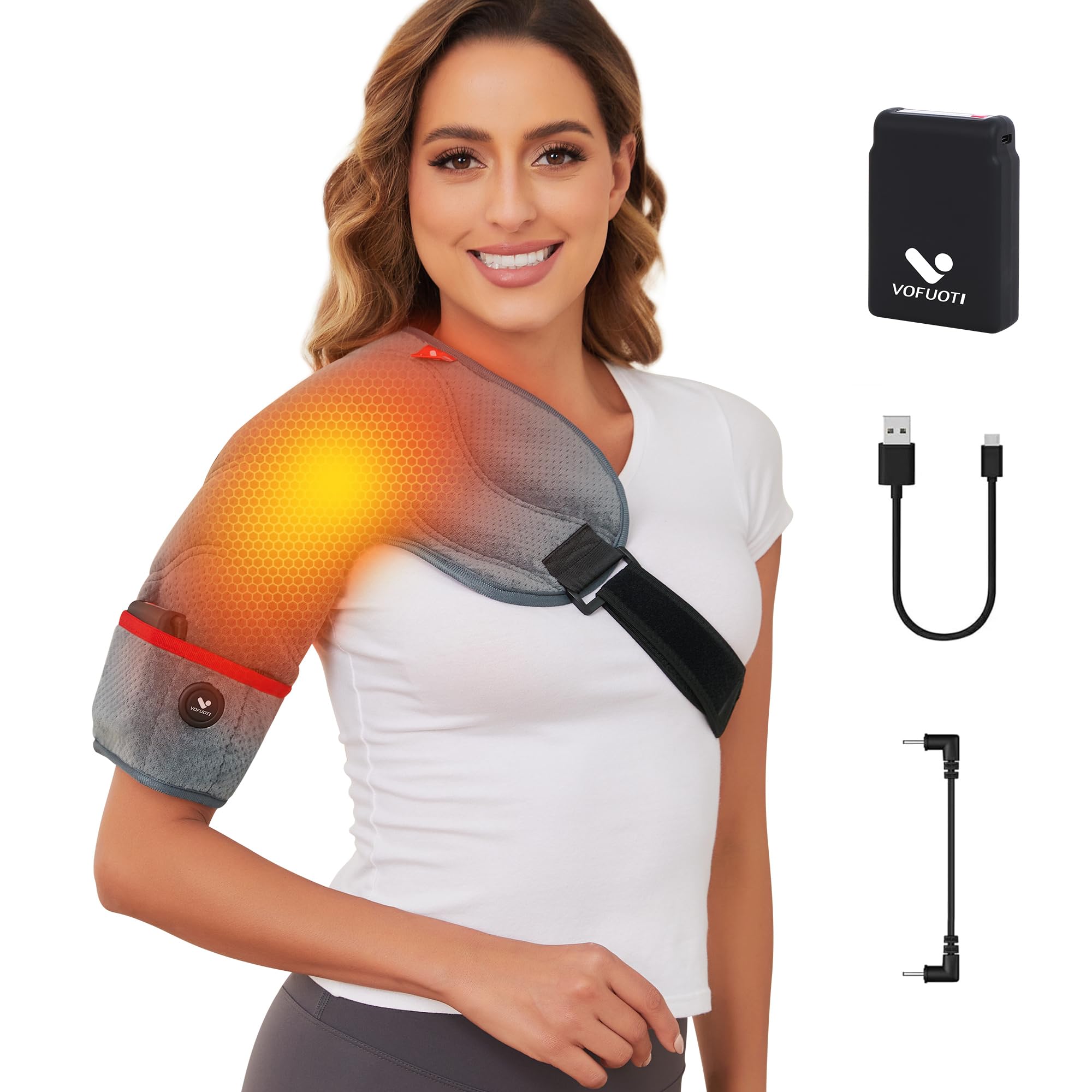 Heated Shoulder Brace, Weighted Shoulder Heating Pad with Battery, Portable Cordless Heated Shouldre Support Wrap with 3 Heat Settings for Men Women Left Right Shoulders FREE SIZE