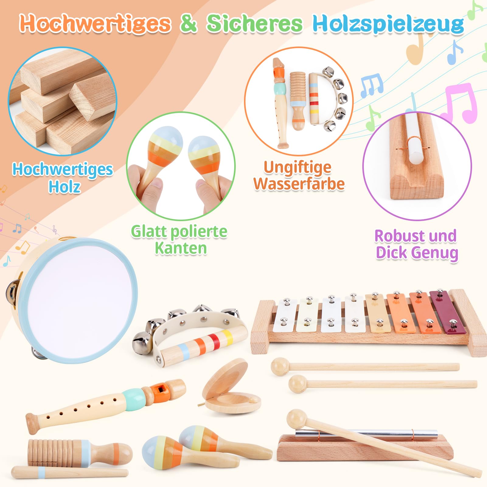 ATOYUS Montessori Musikinstrumente Spielzeug für Kinder ab 1 Jahr, Holz Schlaginstrumente für 1-3 Jährige Jungen und Mädchen, mit Xylophon, Maracas, Geschenk zum 1. Geburtstag & zu Weihnachten