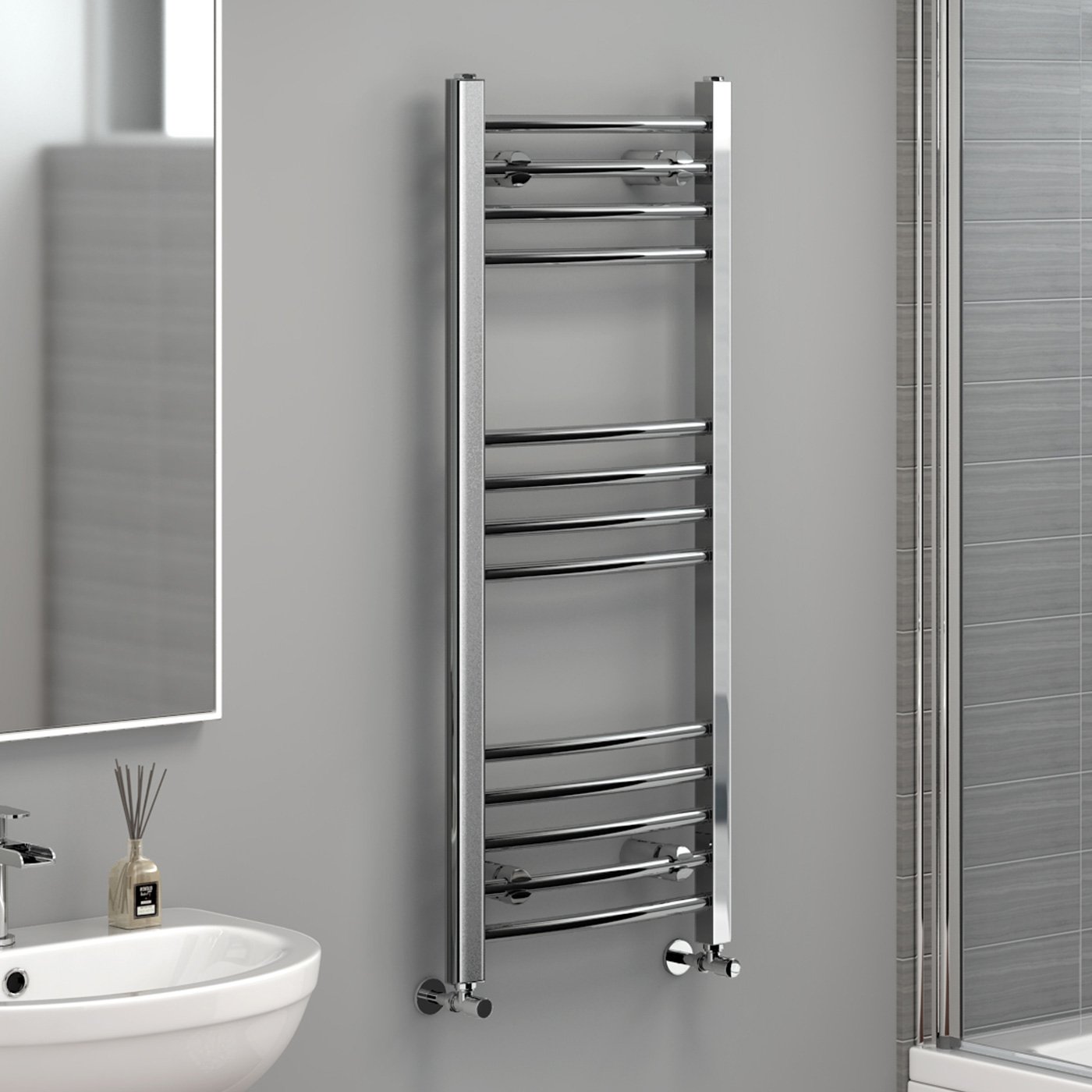 iBathUK Zypher Curved Wall Mounted Heated Towel Rail, 13 Column Steel High Thermal Output Hydronic Central Heating, Round Curved Designer Towel Radiator in Chrome, 1000 × 400mm
