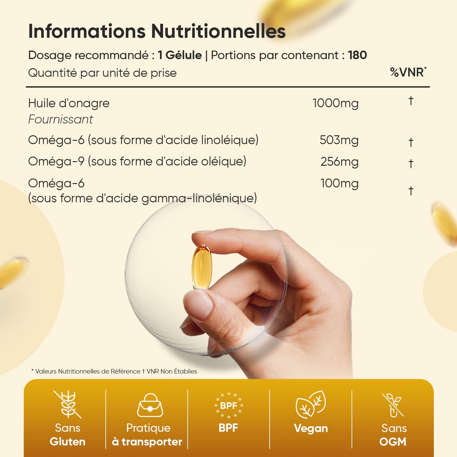 Huile d'Onagre Pressée à Froid 1000mg - 180 Gélules Vegan Multi Usages pour 6 Mois - Riche en Oméga 6, Omega 9 avec Acide Linoléique, Oléique & Gamma-Linolénique, sans OGM, sans Gluten
