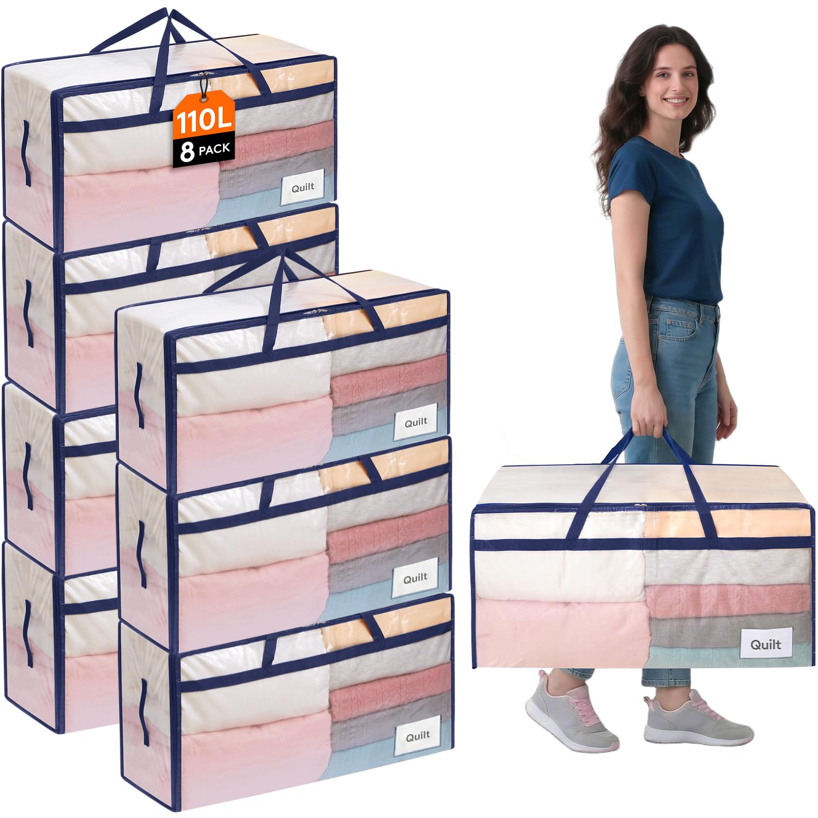 Lifewit 8 Pack Large Moving Bags with Lids and Sturdy Handles, 110L Heavy Duty Packing Organizers for Moving House, Clothes Bedding Blanket Comforter Toys Storage Bags, Transparent