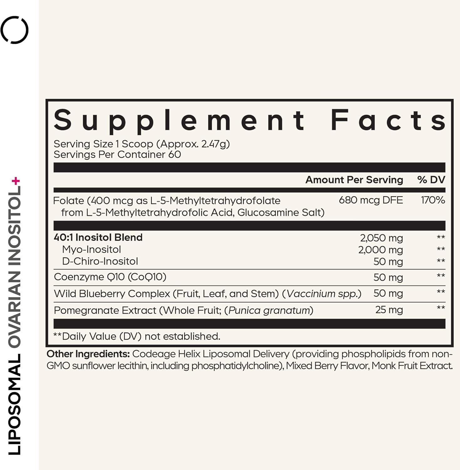 Codeage Liposomal Ovarian Inositol Powder - Myo-Inositol & D-Chiro-Inositol 40:1 Blend, Folate 5-MTHF, CoQ10, Pomegranate & Wild Blueberry - 2-Month Supply - Mixed Berry Flavor - Non-GMO, 60 Servings