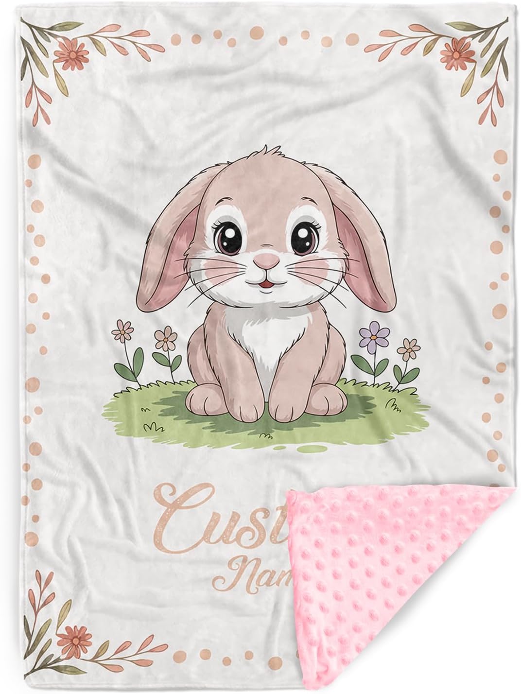 Personalized Baby Blankets for Girls – Custom Name Easter Baby Blanket with Bunny Pattern, Soft Dot Minky Blanket for Newborns Infants, Ideal for Baby Shower and Easter Gift